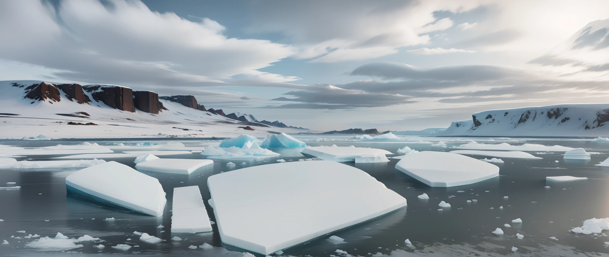 There are ice floes on the sea, desolate Antarctic landscapes, Ghibli style, icebergs in the distance, Antarctic environment surrounded by snow and ice, the sun is setting and dusk --auto --s2