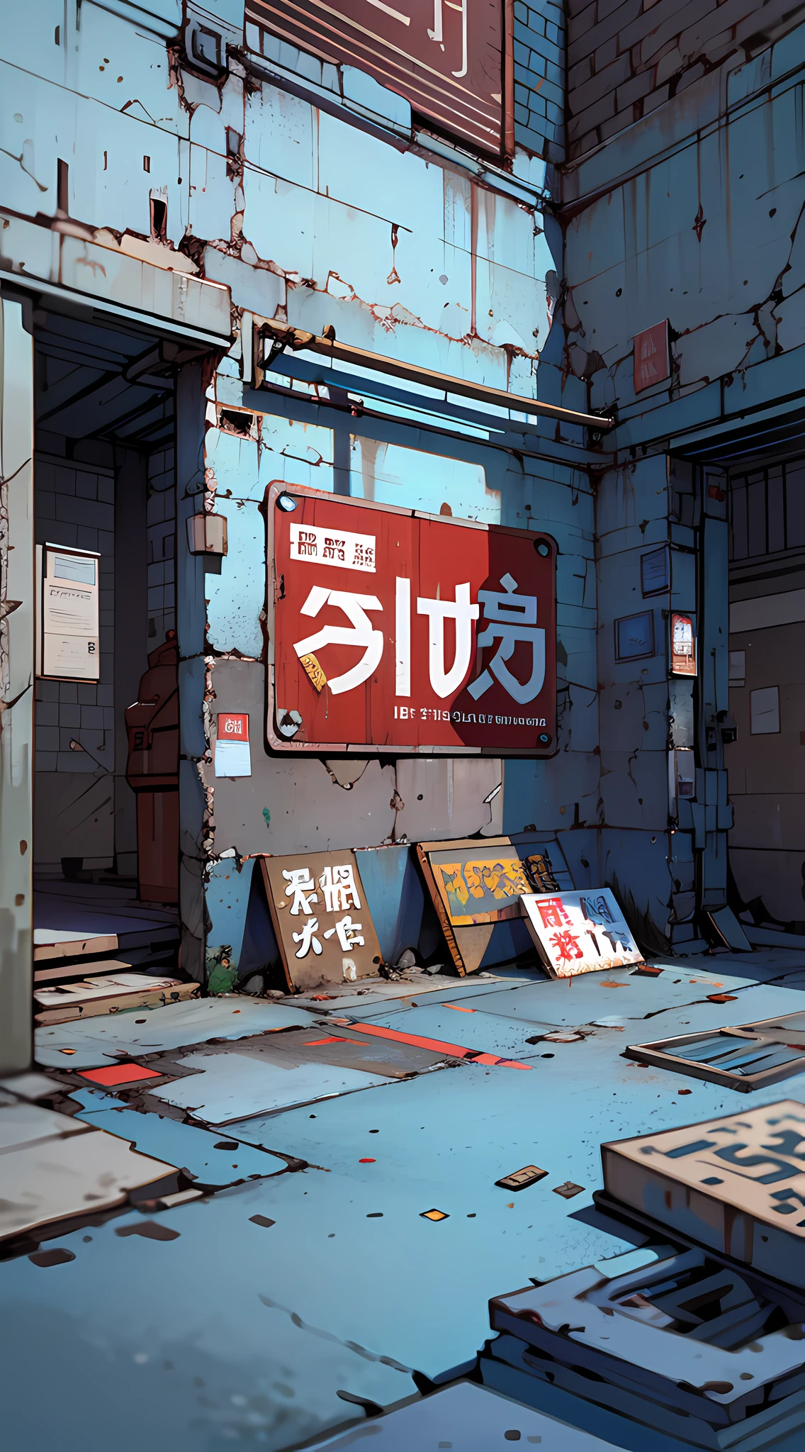 masterpiece, best quality, 8k, absurdres, (metal signs, street, no humans:1.4), (perspective, depth of field, buildings:1.2), scenery, cables, damaged wall paint, dirty and cracked concrete wall, oil drum, broken window, some garbage on the ground, rusty scrap, dusty, HDR, (bleach bypass, ginnokoshi:0.8), cinematic lighting, professional lighting, high contrast, sharp focus, highres, photography, hyperrealistic, ultra detailed, sharp details, finely detail