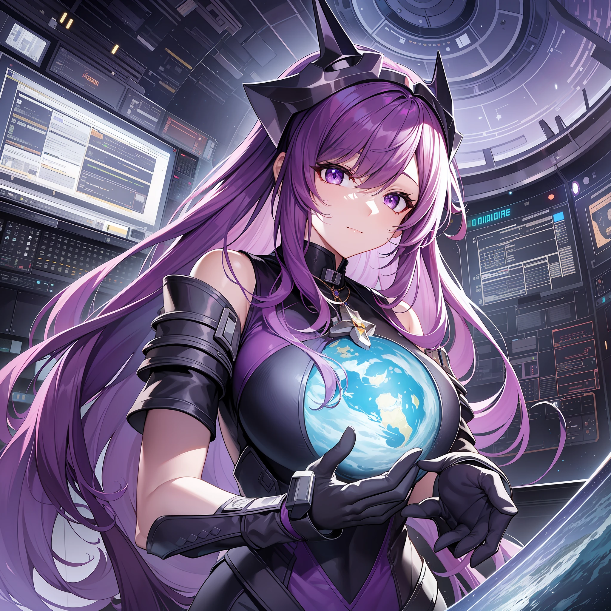 Character expressions: domineering, majestic, resolute, eyes shining with determination and strength.
Hairstyle and color: long purple hair, slightly attached to the shoulders, neat bangs cover the forehead, giving a lean and neat impression.
Clothing style and color: Wearing silver leather armor with amethyst on her head, shimmering with steel, she shows her authority and strength.
Accessories on the figure: A purple gemstone necklace is worn around her neck and a gleaming watch on her wrist reminds her of her unmistakable control of the movement of the stars and planets.
Character pose: Standing in front of the control panel of the satellite control room, with your hands on the panel, your eyes firmly checking the material transportation and interstellar communication of each spacecraft.
Environment: Interstellar control center, the surrounding control screens reflect the colorful starry sky, which is extremely spectacular.
Ambient atmosphere: cold and solemn
Environmental features: A large number of machines and computer terminals make people feel as if they are in a very high level of technology in the future.
Ambient time: late at night