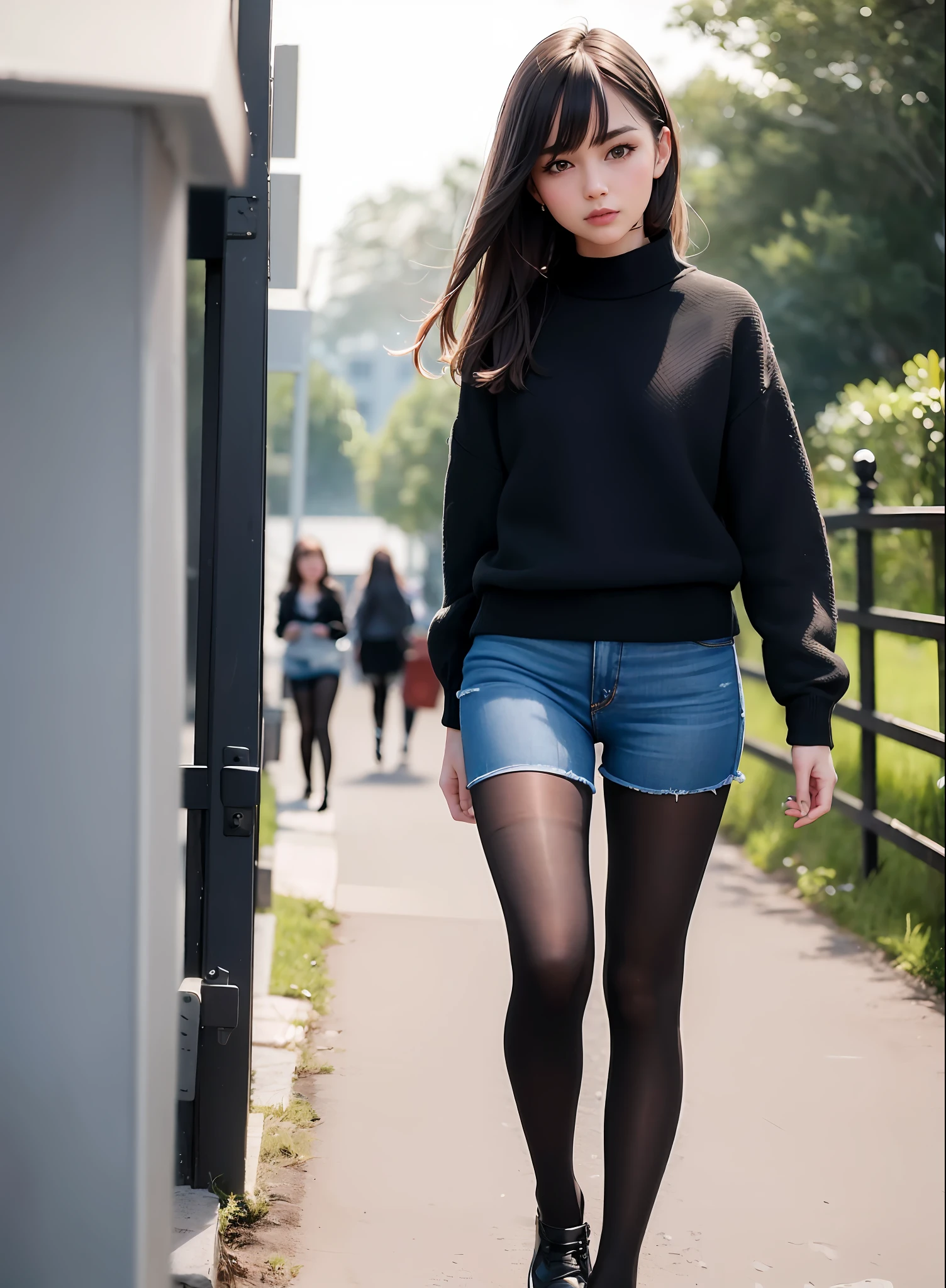 (8k, top quality, masterpiece: 1.2), (realistic, photorealistic: 1.37), super detailed, girl alone, cute, alone, denim shorts, (((black tights)), black sweater, schoolgirl, head to foot
