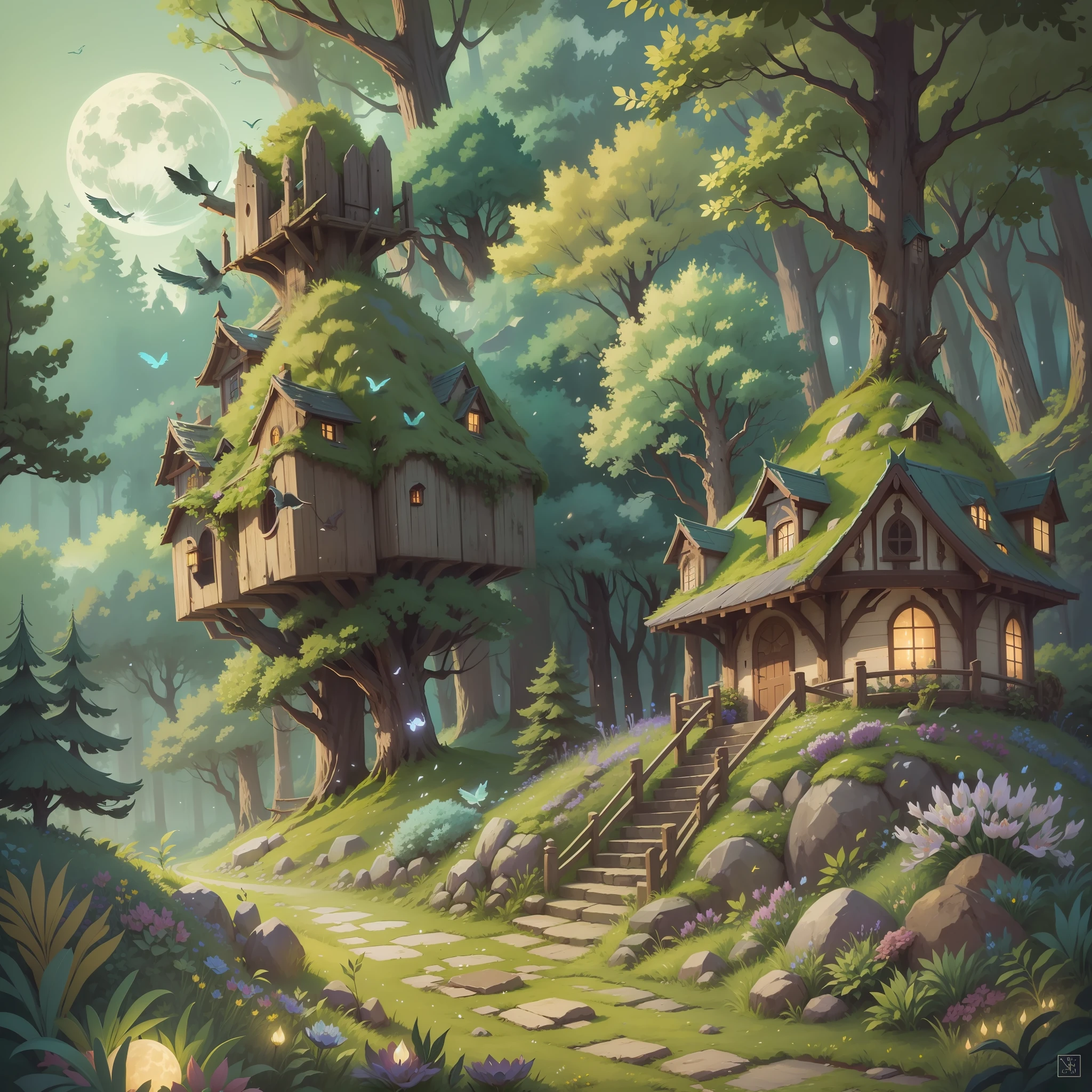 Mystical and enchanting forest, serene mountain landscape surrounded by blooming flowers and lush greenery, illuminated by a soft full moon. Birds and wildlife roam freely, creating a magical and ethereal atmosphere.