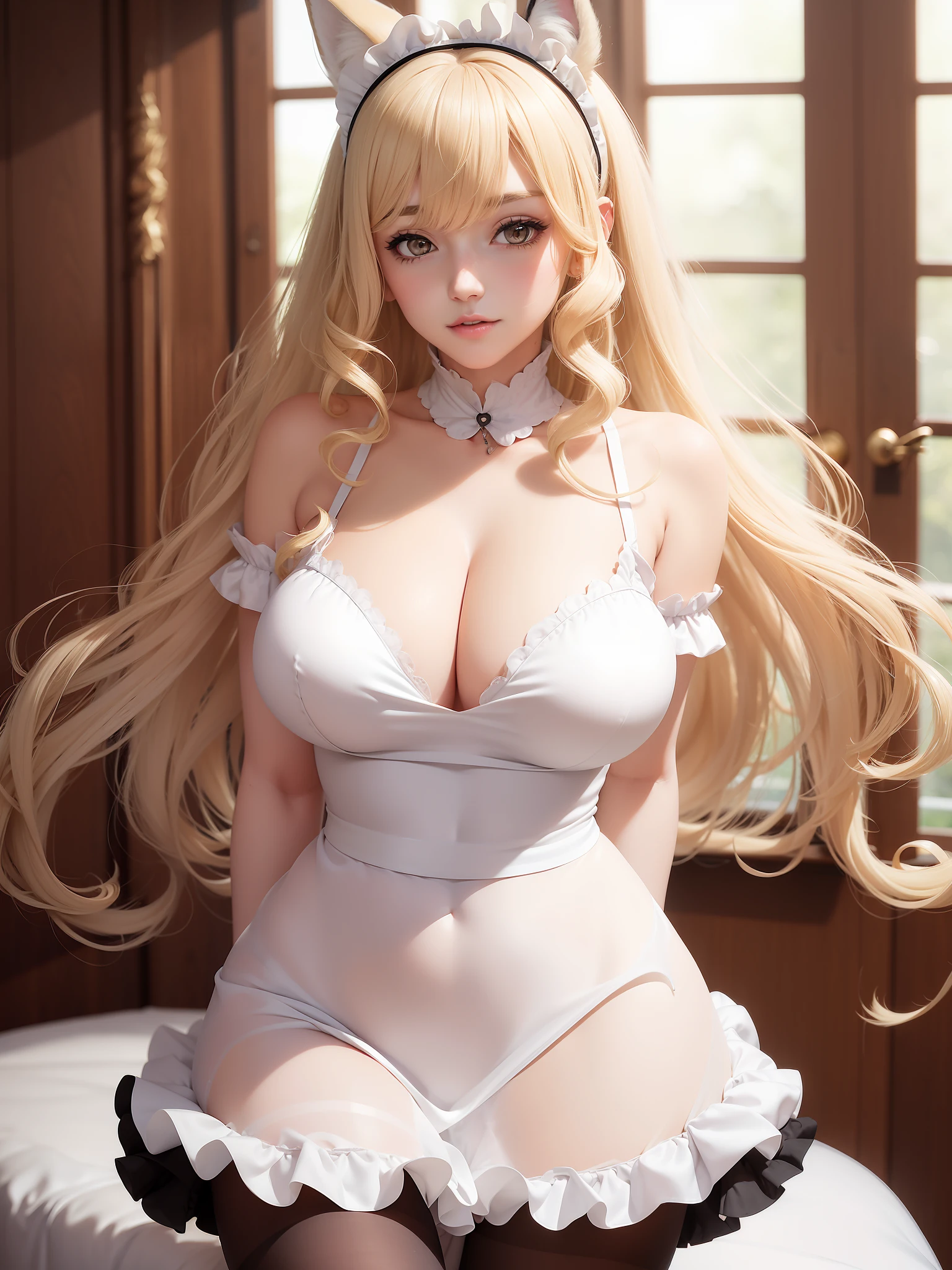 Woman, blonde curly hair, long hair, yellow eyes, white fox ears, dressed as a maid, front, bangs, 1girl, blushing, mature female, (big breasts: 1.3), thin waist, pantyhose, thighs, arms behind back,