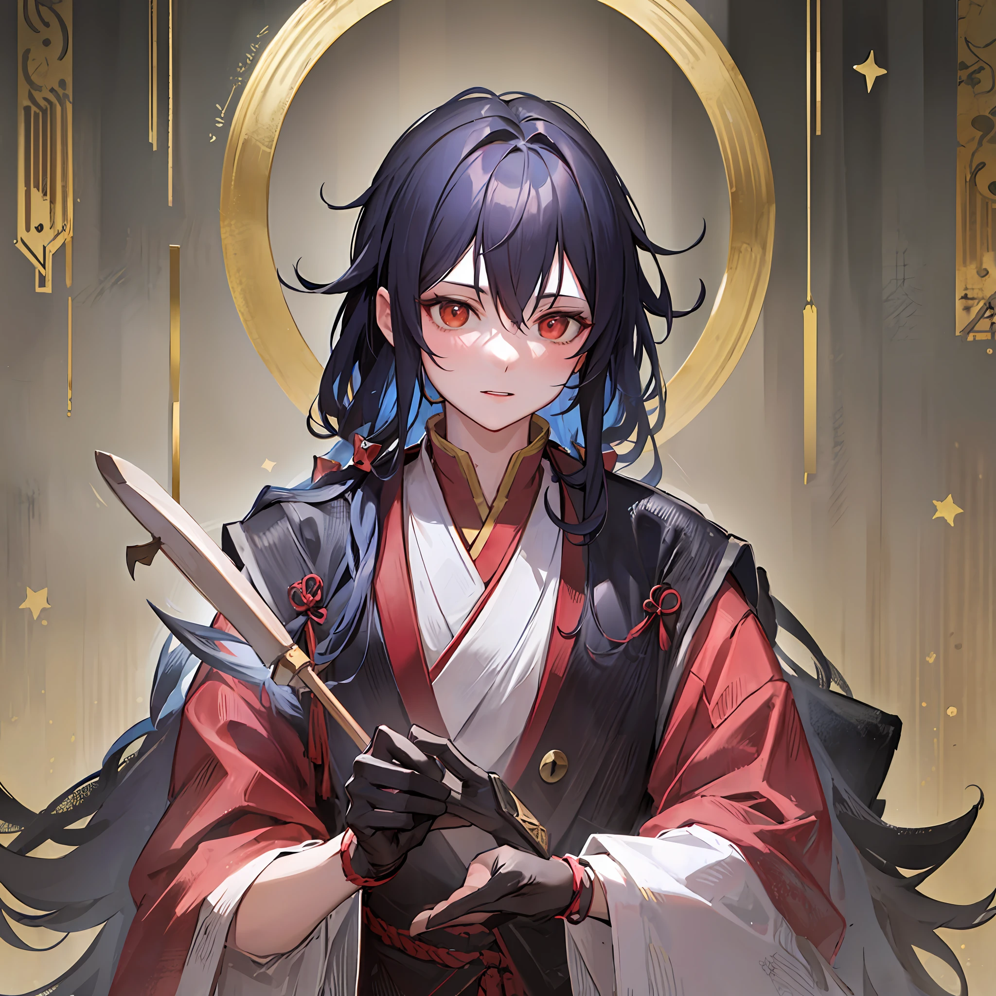 A man dressed up with a HanFu and in a dark room, in the style of yuumei, manticore, kris knight, red, master of ink, posuka demizu, caffenol developing --s 180 --s 180 --ar 9:16 --q 5 --niji 5