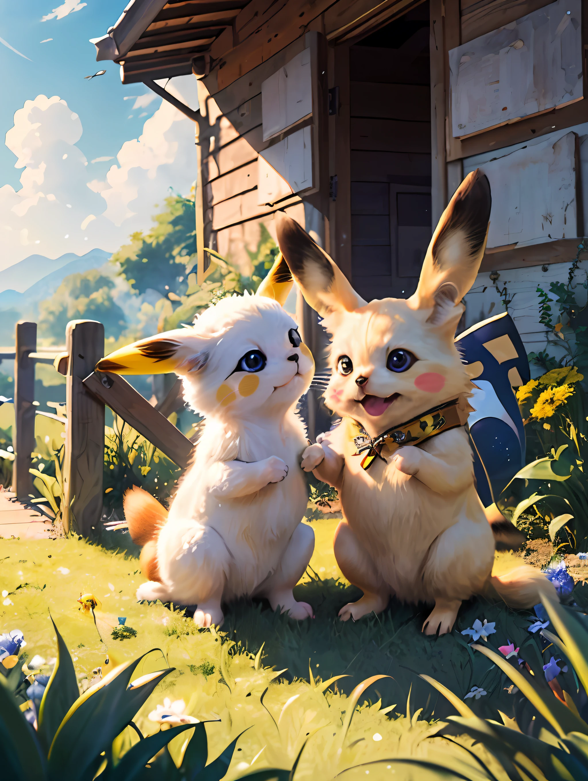 ((best quality)), ((masterpiece)), (detailed), (realistic), (official art), (extremely detailed CG unity 8k wallpaper), Pikachu, cute little creature, yellow hair, large round face, two ears standing up, short tail, big eyes, shining with curiosity and vitality. On sunny days, they come together, play, interact, and are filled with joy and warmth.