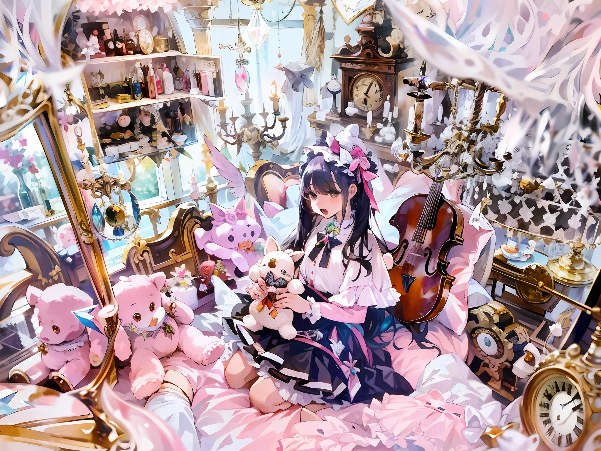 There is a woman sitting with stuffed animal, angelic cute, magical Lolita girl portrait, Lolita fashion, Lolita style, white, crystal, chandelier, clock, wooden horse, violin