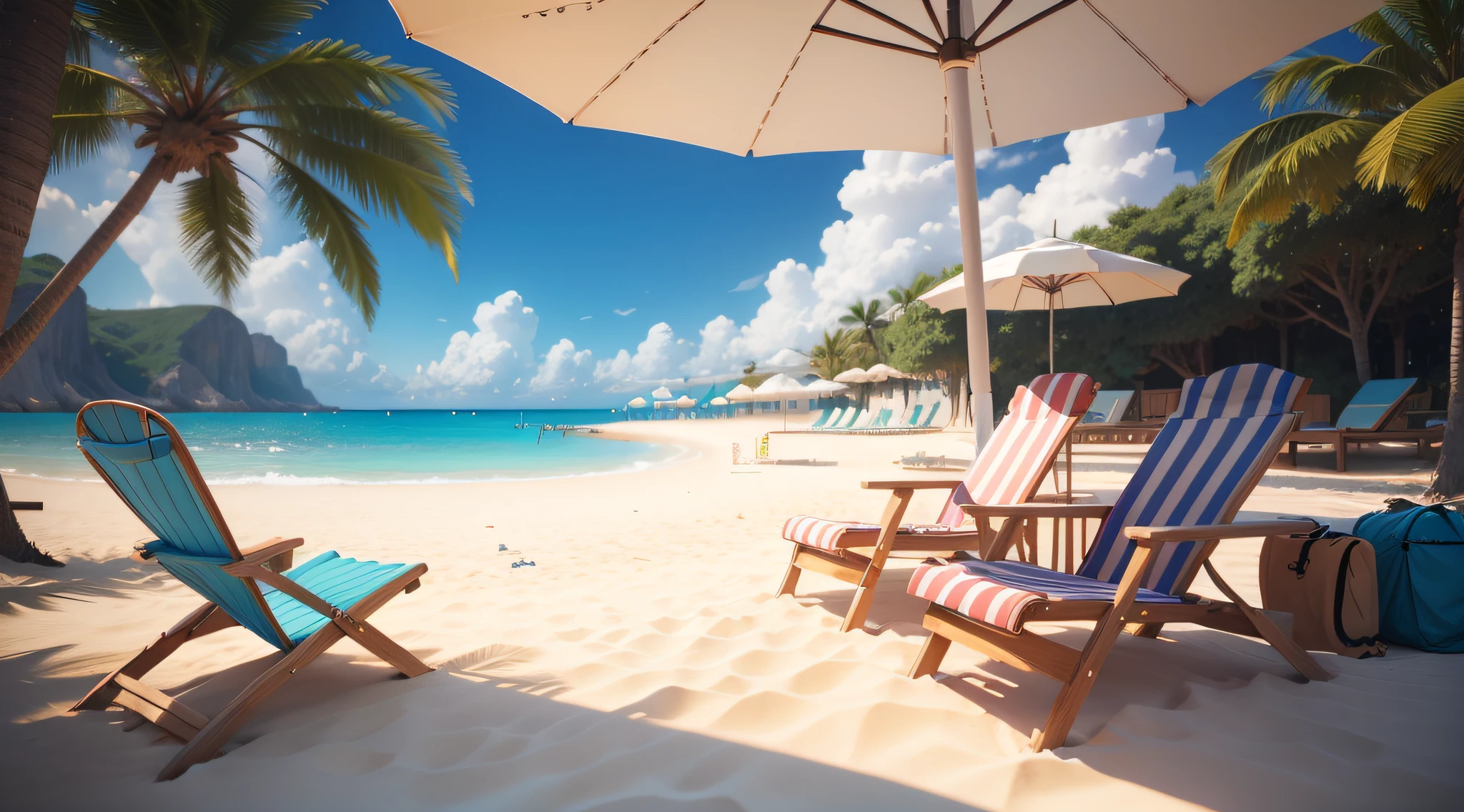beach chair, umbrella, sand, pool, summer, a low poly render, trending, digital art, 3 d render stylized, 3 d illustration, 3d illustration, 3 d stylize scene, beach setting medium shot, beach setting, stylized 3d render, relaxing concept art, 3 d scene, 3d scene