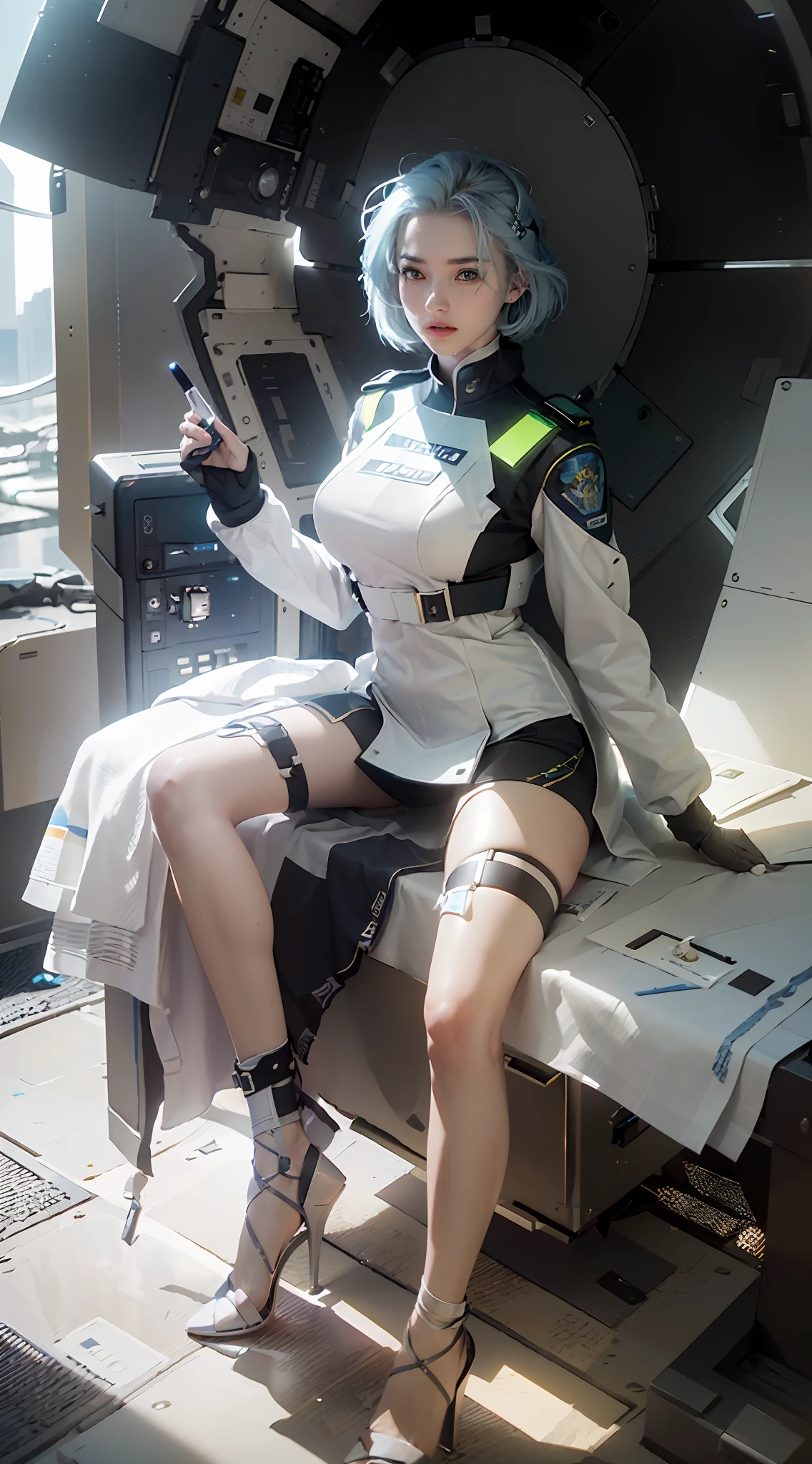 ((Best Quality)), ((Masterpiece)), (Details: 1.4), 3D, A Beautiful Futuristic Tech Beauty, (Police Uniform: 1.9), (Short Blue Hair: 1.7), (High Heels: 1.6) (Handheld Pistol: 1.5), HDR (High Dynamic Range), Ray Tracing, NVIDIA RTX, Super-Resolution, Unreal 5, Subsurface Scattering, PBR Texture, Post Processing, Anisotropic Filtering, Depth of Field, Maximum Clarity and Clarity, Multi-layer Textures, Albedo and Specular Mapping, Surface Coloring, Accurate Simulation of Light-Material Interactions, Perfect Proportions, Octane Render, Bicolor Light, Large Aperture, Low ISO, White Balance, Rule of Thirds, 8K RAW,