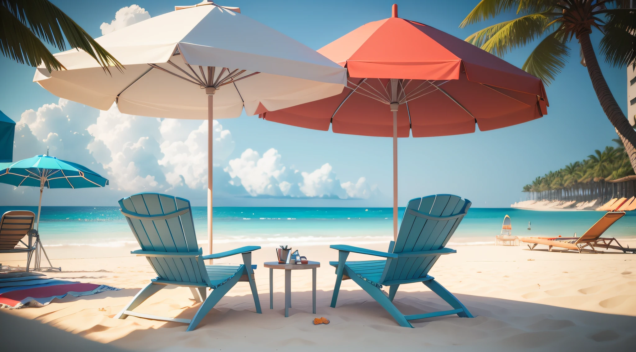beach chair, umbrella, sand, pool, summer, a low poly render, trending, digital art, 3 d render stylized, 3 d illustration, 3d illustration, 3 d stylize scene, beach setting medium shot, beach setting, stylized 3d render, relaxing concept art, 3 d scene, 3d scene