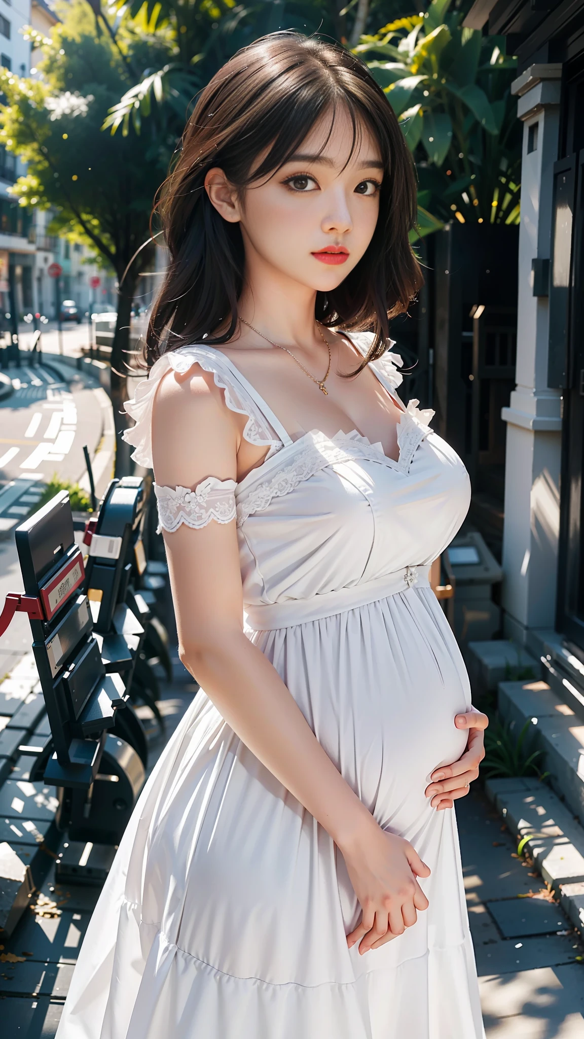 1girl, (looking at the audience), (bokeh: 1.1), split lips, innocent, realistic, arm on belly, maid outfit, pregnant, pregnant potbelly, nine pregnant,
Best quality, (realistic: 1.4), super high resolution, wedding dress, big breasts, low cut