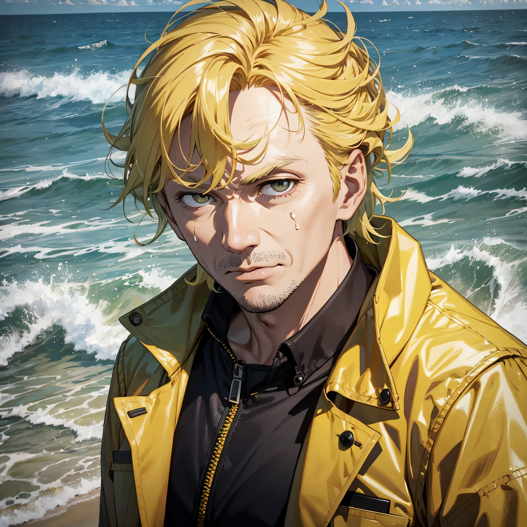 Empty dock weapons test site by the sea, the sea is boiling, a scientist dressed up, a yellow coat, a white shirt, a middle-aged man with yellow hair, his expression is surprised and scared, and his mouth is open