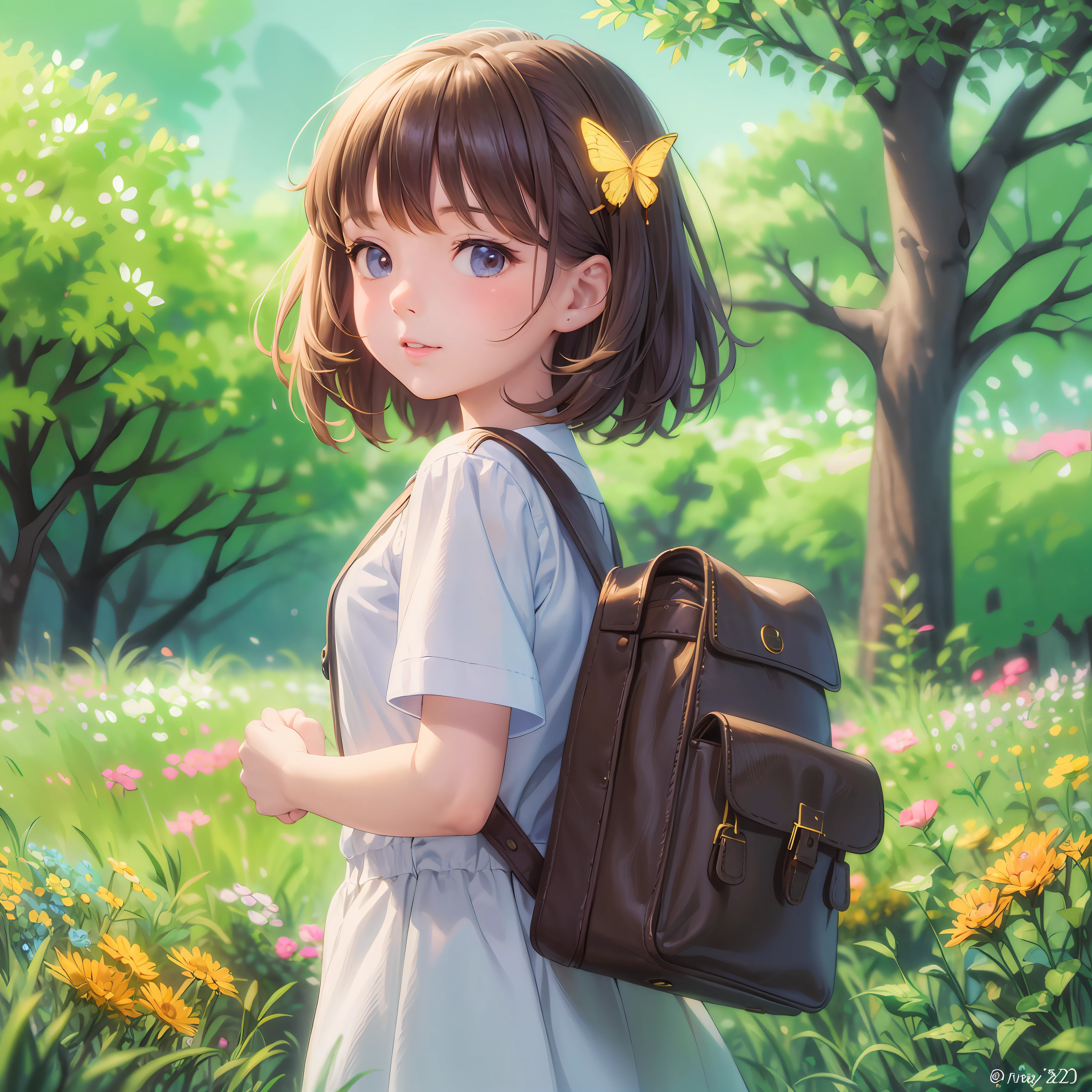 A charming  girl with a backpack is enjoying a cute spring outing surrounded by beautiful yellow flowers and nature with her cute puppy. The illustration is a high-definition illustration in 4k resolution with highly detailed facial features and cartoon-style visuals, (Butterfly Dance) --auto --s2