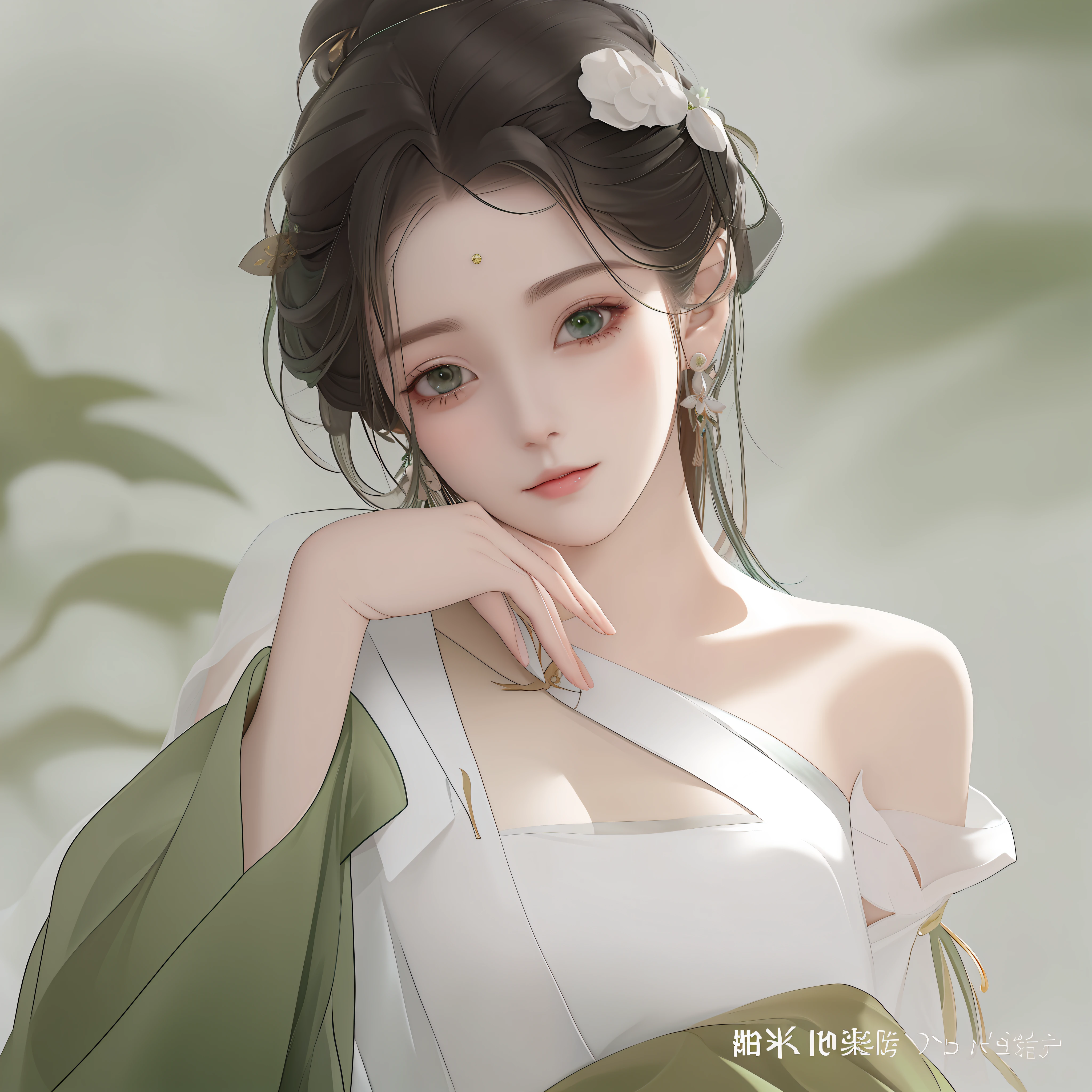 Close-up of a woman in a white dress and green hair dining at a dinner table, beautiful figure painting, Guvez style artwork, Guwiz, Palace, Girl in Hanfu, Yang J, Li Fangying, Li Song, Yu Zhiding, beautiful anime portrait, Dragon Boat Festival, popular on cgstation auto --s2