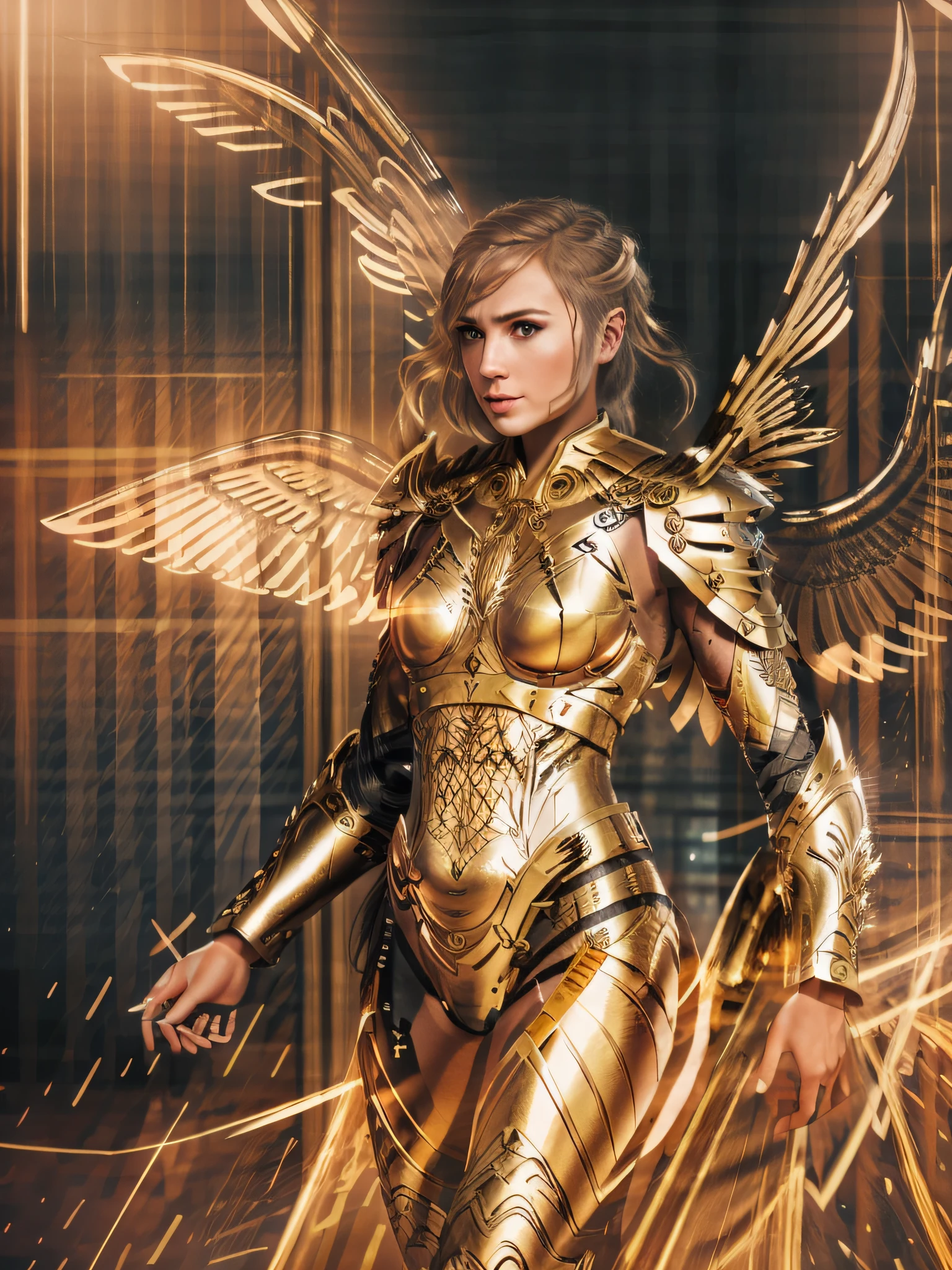 Valkyrie of War, with huge wings, metallic glowing wings, golden glowing background, white-gold armor, golden aperture at back, blonde hair, double bun, bangs, halo, glare, jitome, high detail, cinematic lighting, film grain, lens flare, cowboy lens, Verism, God ray, 8k, super detail, high detail