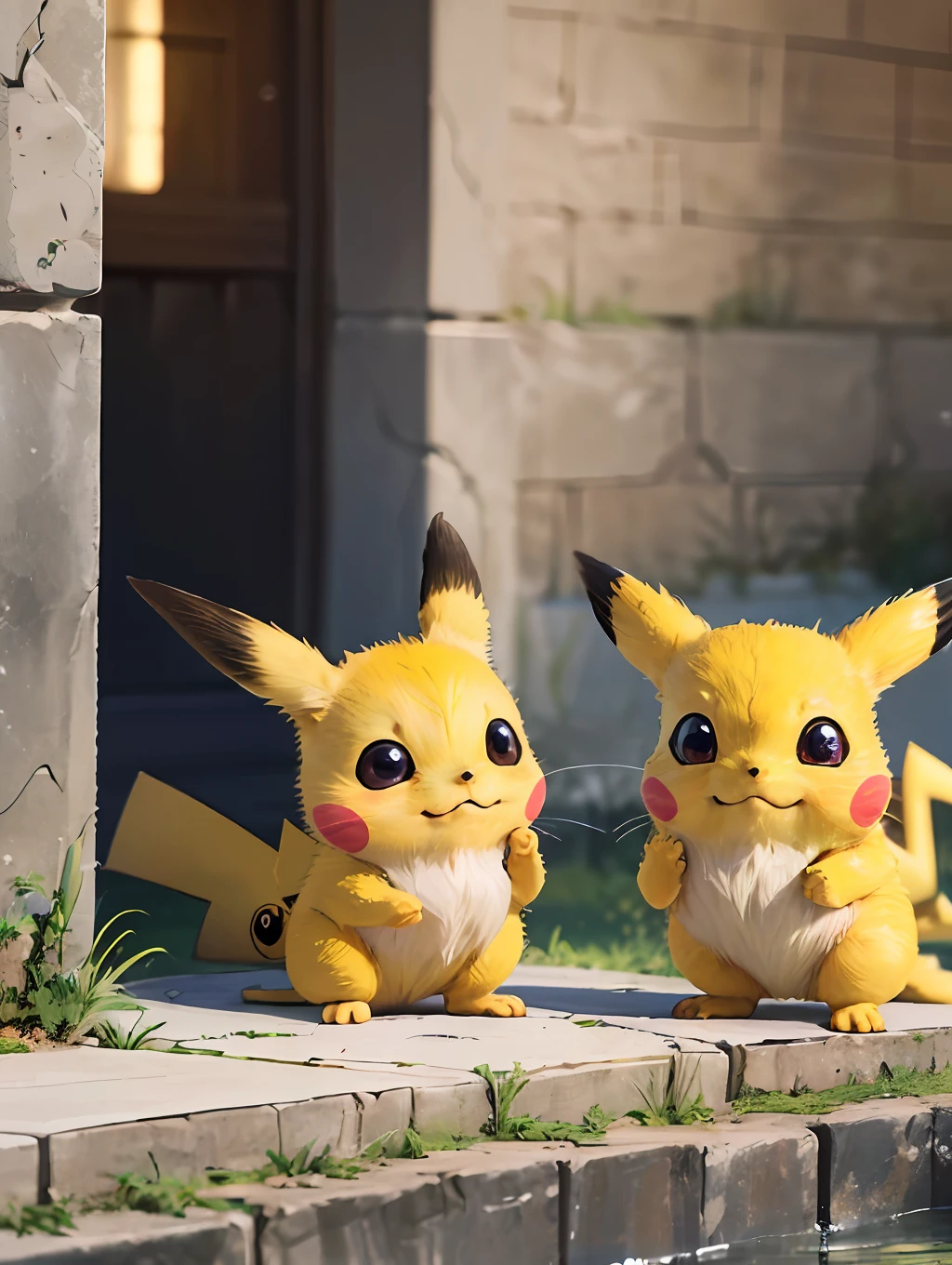 ((best quality)), ((masterpiece)), (detailed), (realistic), (official art), (extremely detailed CG unity 8k wallpaper), Pikachu, cute little creature, yellow skin, large round face, two ears standing up, short tail, big eyes, shining with curiosity and vitality. On sunny days, they come together, play, interact, and are filled with joy and warmth.