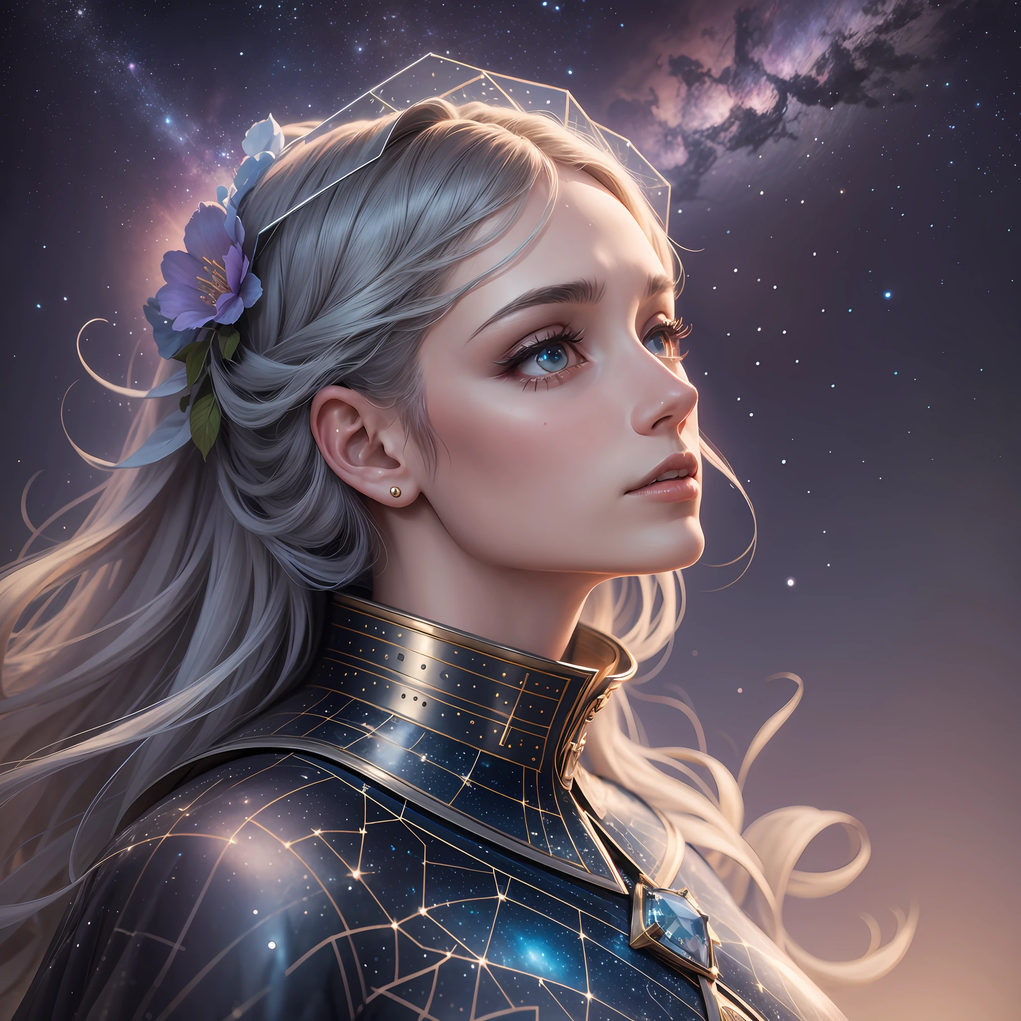 surreal woman looking to sky, watching constellations, in style of rex ray + james christensen, 8k, best quality, 3d - --auto --s2