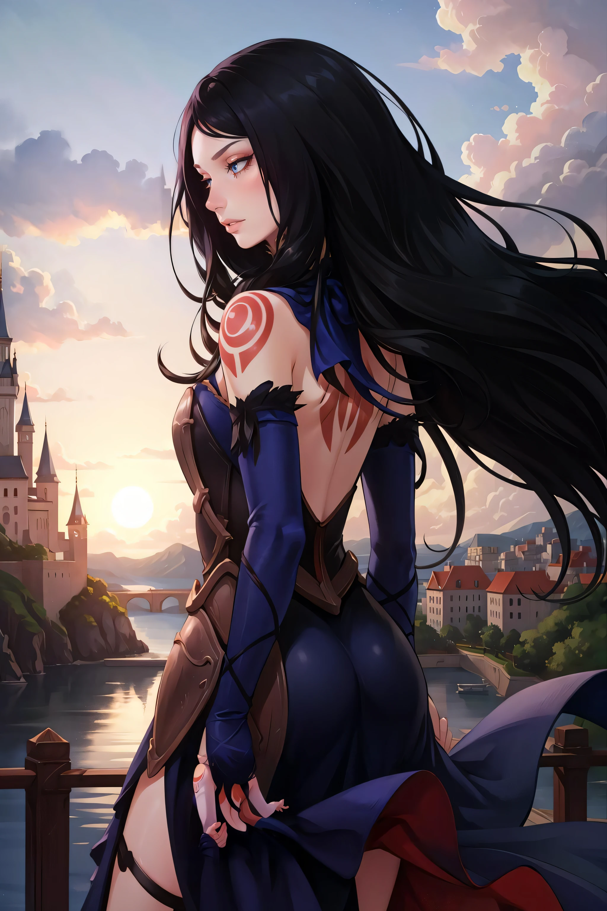 masterpiece, best quality, shanoa, armor, blue dress, detached sleeves, from behind, tattoo, castle, gothic architecture, night