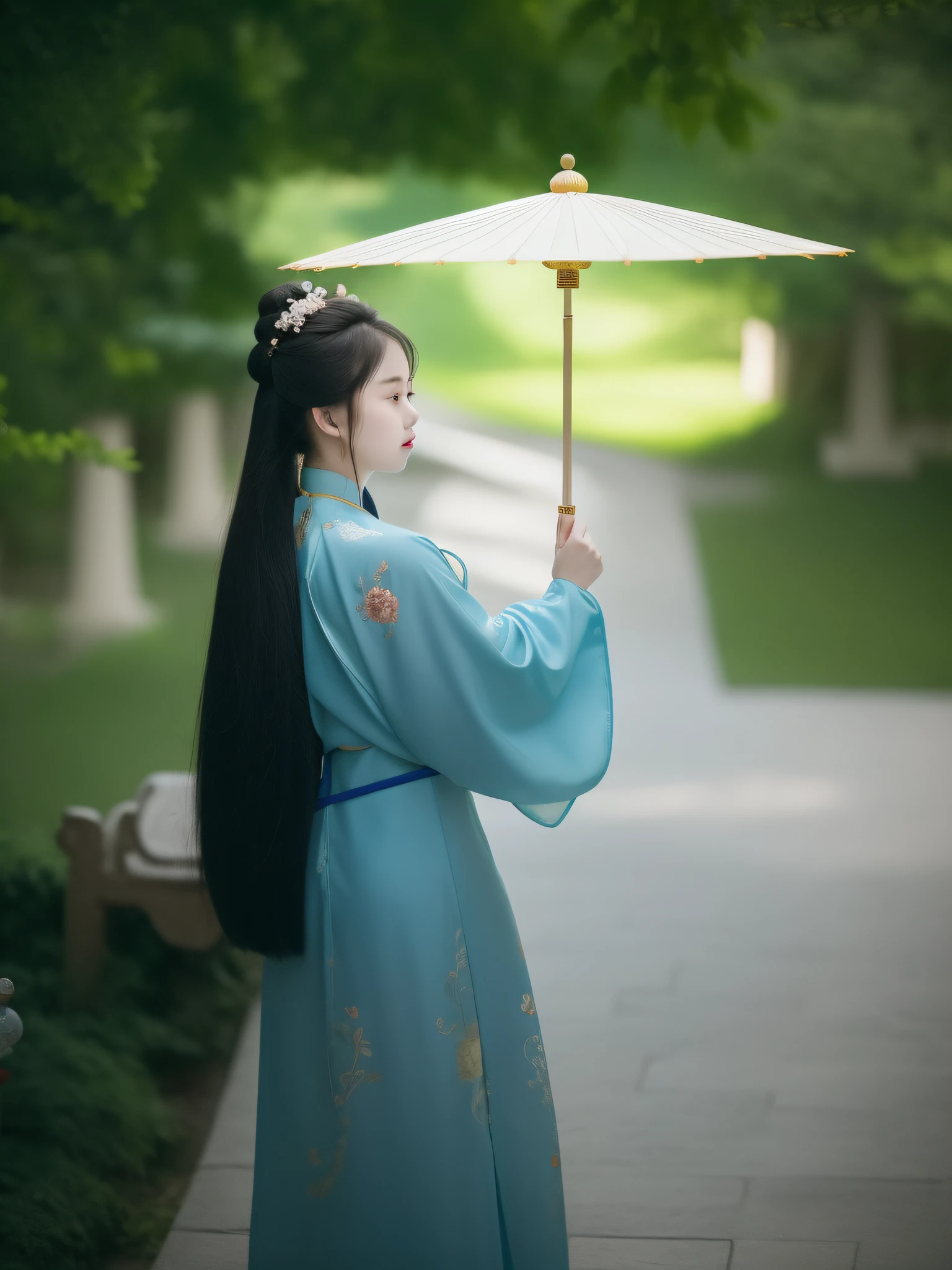 Classical Chinese woman in blue dress in park, morning light, holding an umbrella in palace, girl in Hanfu, wearing ancient Chinese costume, Hanfu, ancient Chinese costume, flowing hair and robes, traditional Chinese clothing, long hair Asian girl, wearing long clothes, Chinese costume, white Hanfu, inspired by Huang Ji, Chinese woman