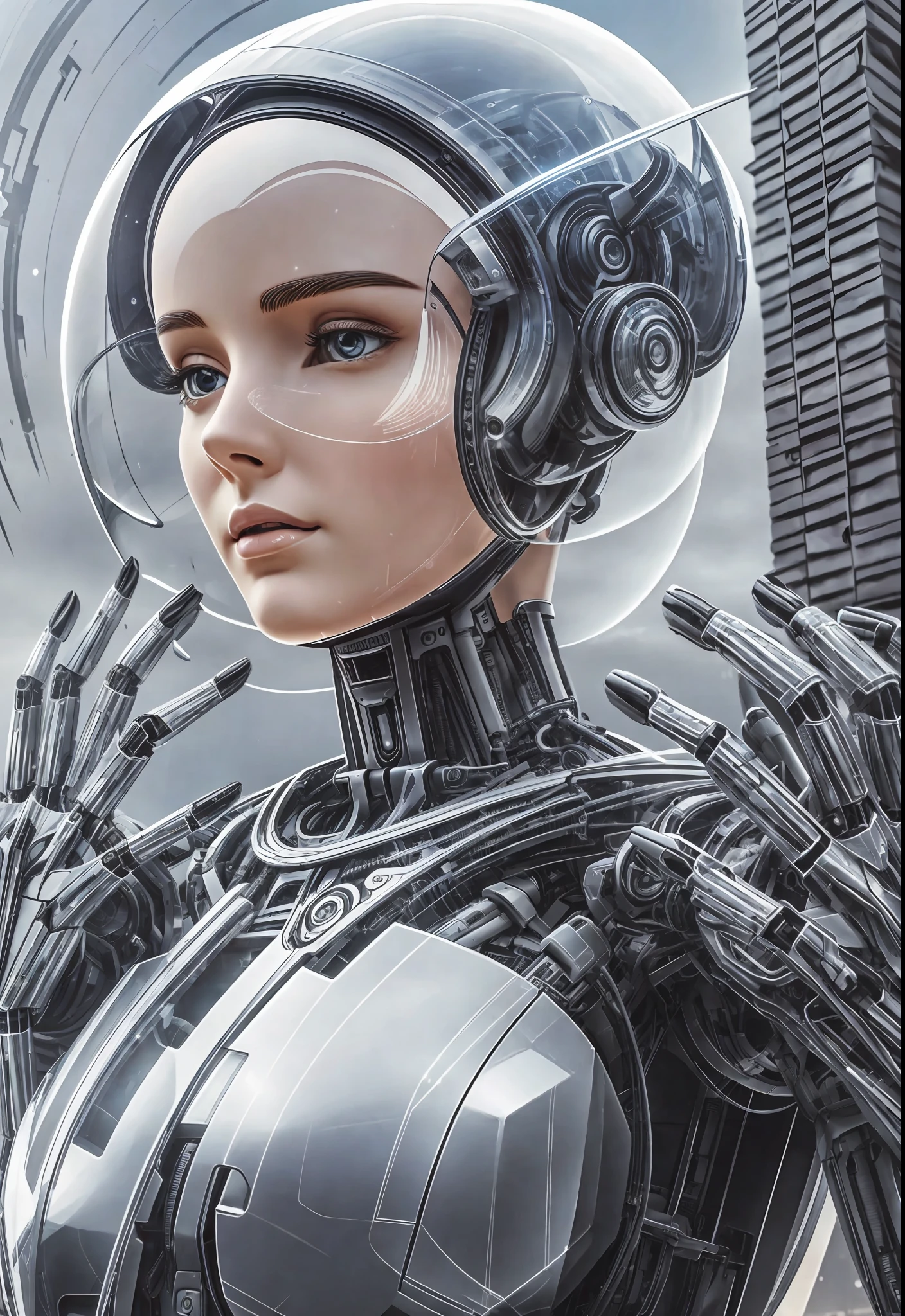 A robot with perfect female face, super realistic humanoid, robot with human-like face and mechanical detailed body, 8K image, robot with bird posing in its hand, peaceful environment, futuristic city background, super realistic robot with human-like physiognomy, peaceful robot, ((Masterpiece, best quality,)), dumb, (wet:1.2), girl, medium breasts, (see-through:1.3) --auto --s2