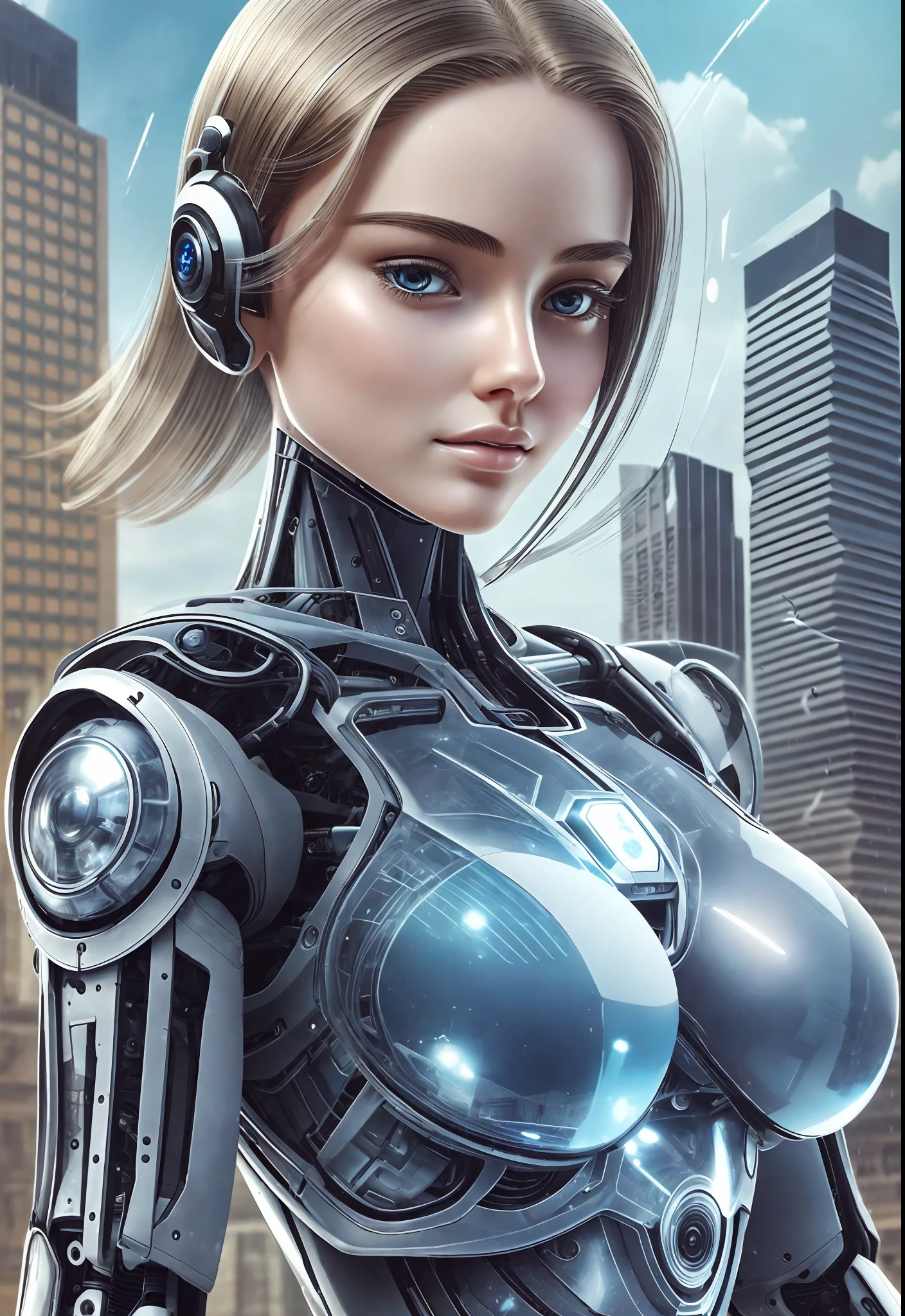 A robot with perfect female face, super realistic humanoid, robot with human-like face and mechanical detailed body, 8K image, robot with bird posing in its hand, peaceful environment, futuristic city background, super realistic robot with human-like physiognomy, peaceful robot, ((Masterpiece, best quality,)), dumb, (wet:1.2), girl, medium breasts, (see-through:1.3) --auto --s2