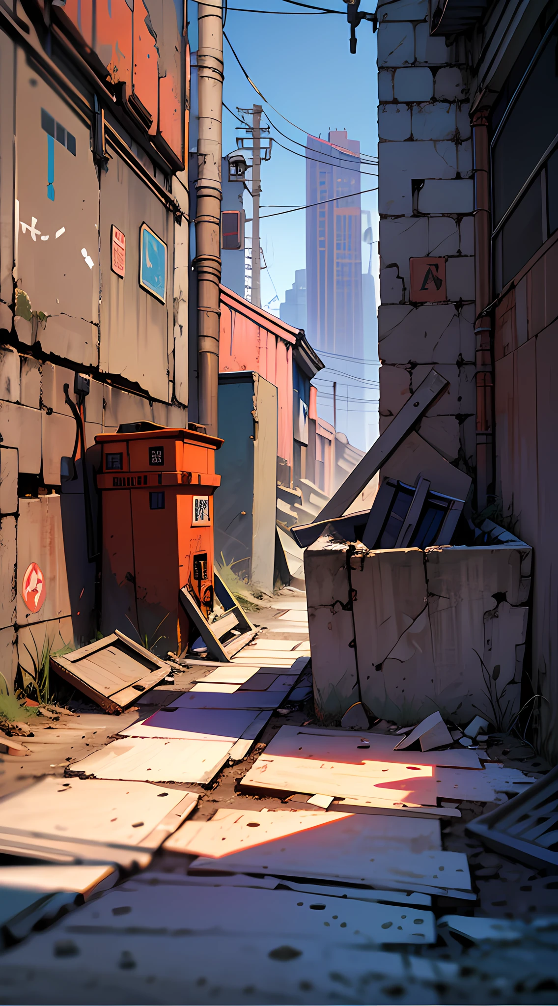 masterpiece, best quality, 8k, absurdres, (street, no humans, buildings:1.5), (metal signs, perspective, depth of field:1.2), scenery, cables, oil drum, some garbage on the ground, rusty scrap, (damaged wall paint, dirty and cracked concrete wall:0.8), dusty, HDR, (bleach bypass, ginnokoshi:0.8), cinematic lighting, professional lighting, high contrast, sharp focus, highres, photography, hyperrealistic, ultra detailed, sharp details, finely detail