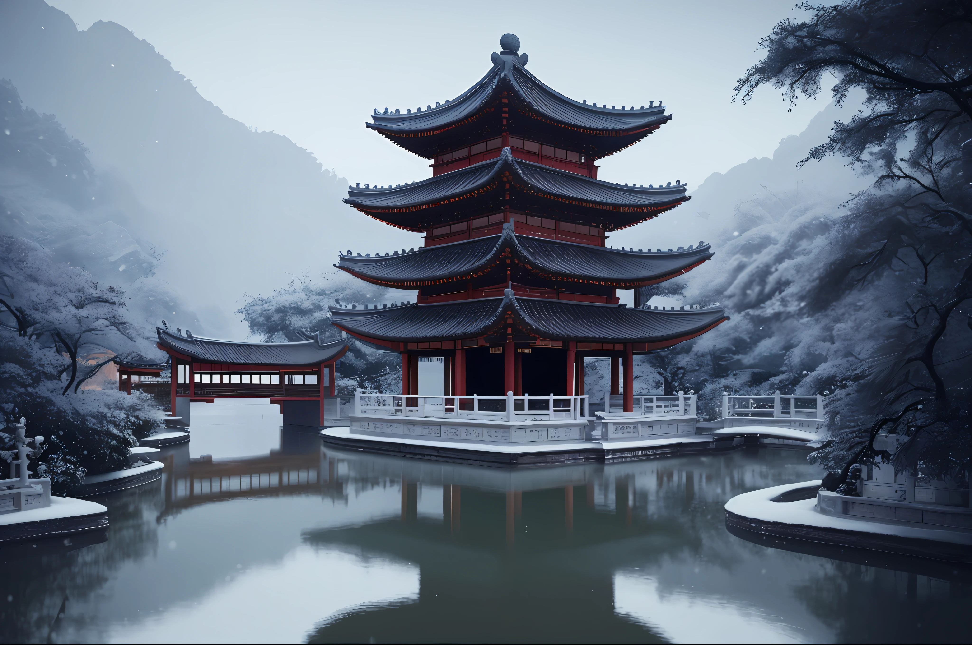 Masterpiece, best quality, high quality, extremely detailed CG unity 8k wallpaper, classical Chinese garden, landscape, amsterdam, winter, ((snowing)), outdoor, sky, daytime, landscape, water, tree, blue sky, waterfall , nature, lake, river, cloudy sky, award winning photography, bokeh, depth of field, HDR, bloom, chromatic aberration, photorealism, very detailed, trending on artstation, trending on CGsociety, intricate, high detail, dramatic, midjourney art