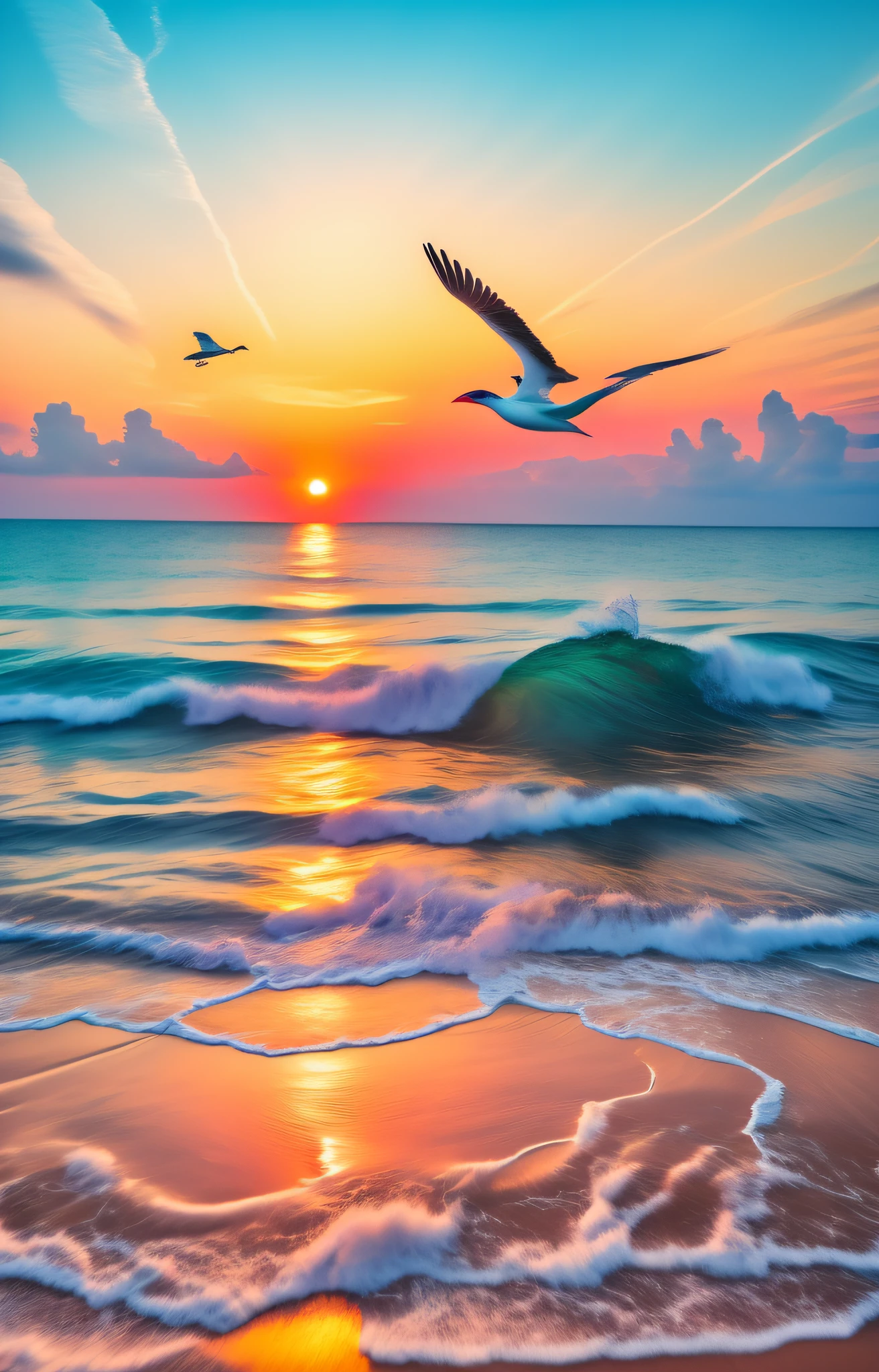 sunset over the ocean with a bird flying over the waves, soaring waves, beautiful nature, beautiful sunrise, very beautiful photo, amazing background, beautiful photo, colorful sunset, beautiful sunset, beautiful ocean, shutterstock, beautiful high resolution, beautiful composition, fantasy sea landscape, photo of a beautiful, incredibly beautiful, flying over the ocean, magnificent background, beautiful morning