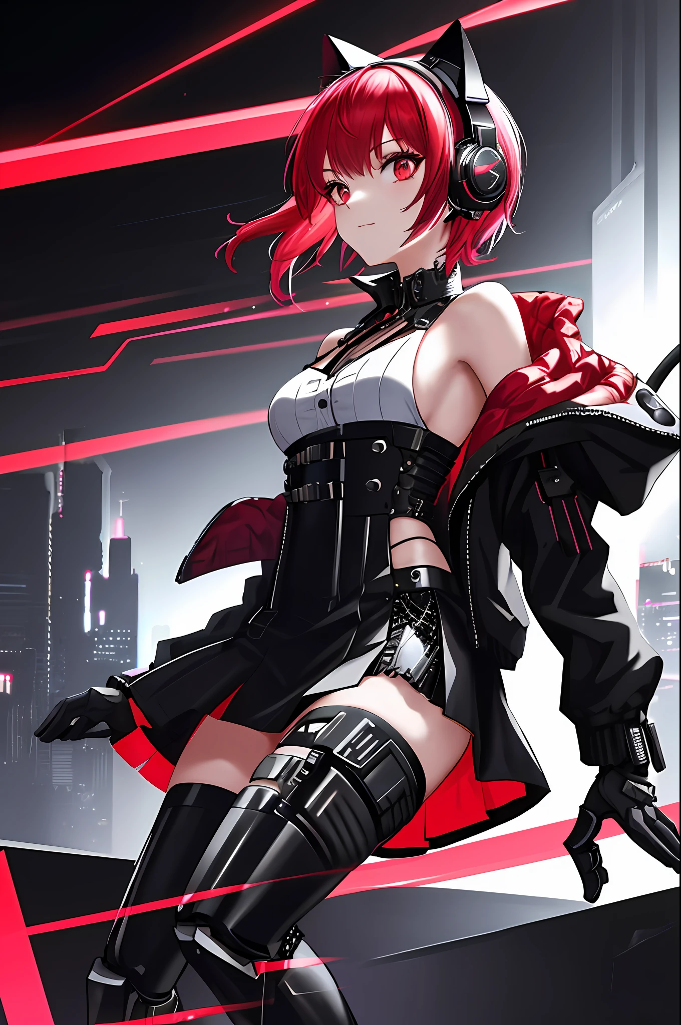 Absurdity, intricate details, highly detailed 8K wallpaper, (Transcendent Beautiful Girl: 1.5), BREAK, scarlet hair, short hair, (half-undressed jacket), (beautiful bare back), (beautiful bare shoulders), (exoskeleton mini dress), (red eye: 1.1), BREAK, (mechanical joints, mechanical limbs: 1.4), perfect five fingers, (cat ear headphones), (black mini skirt), cyberpunk, Dynamic angles, neon glowing cities,