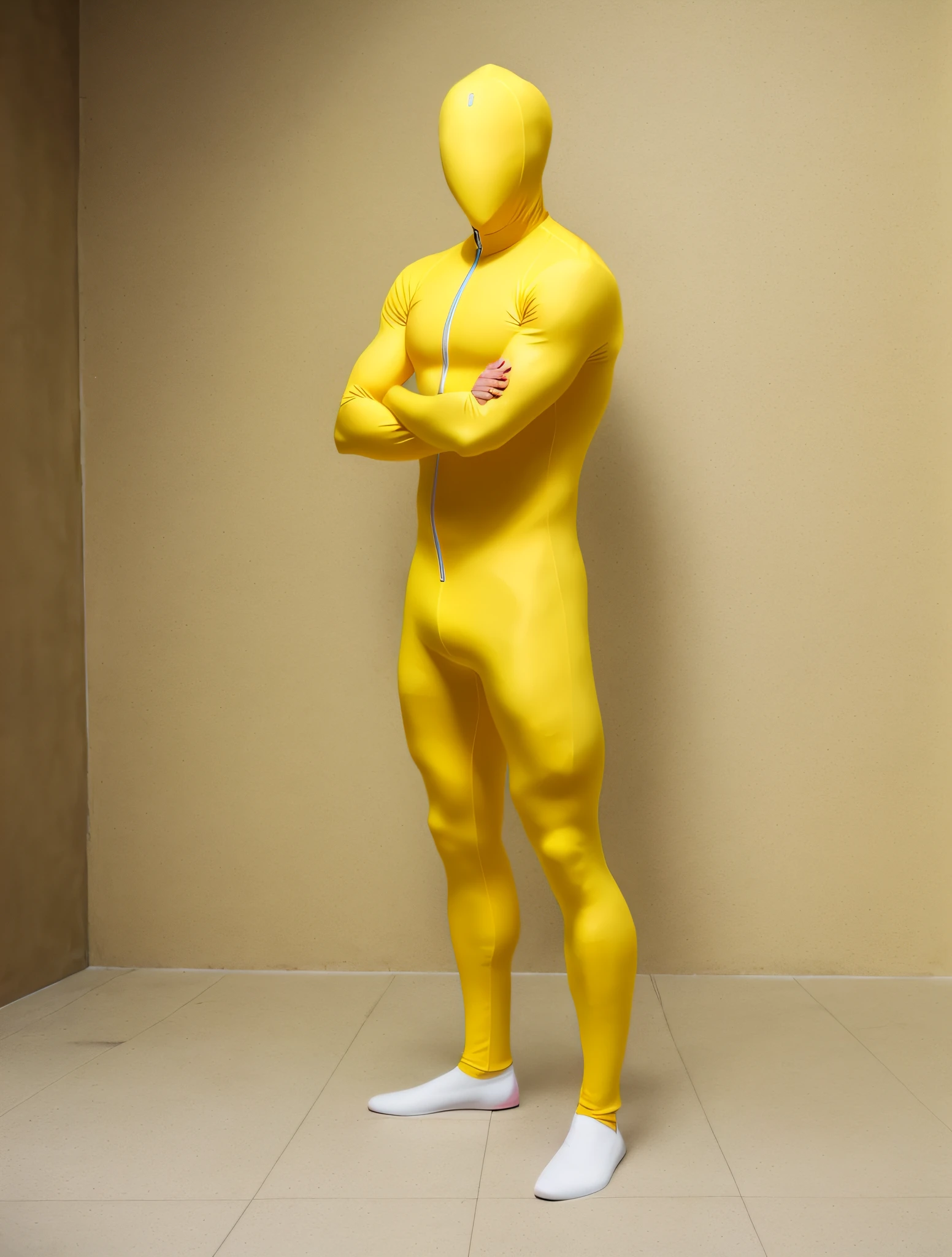 Man in yellow bodysuit, yellow body, zentai suit, full bodysuit, skin tight suit, lycra costume, tight full body suit, yellow skin, yellow jumpsuit, yellow bodysuit