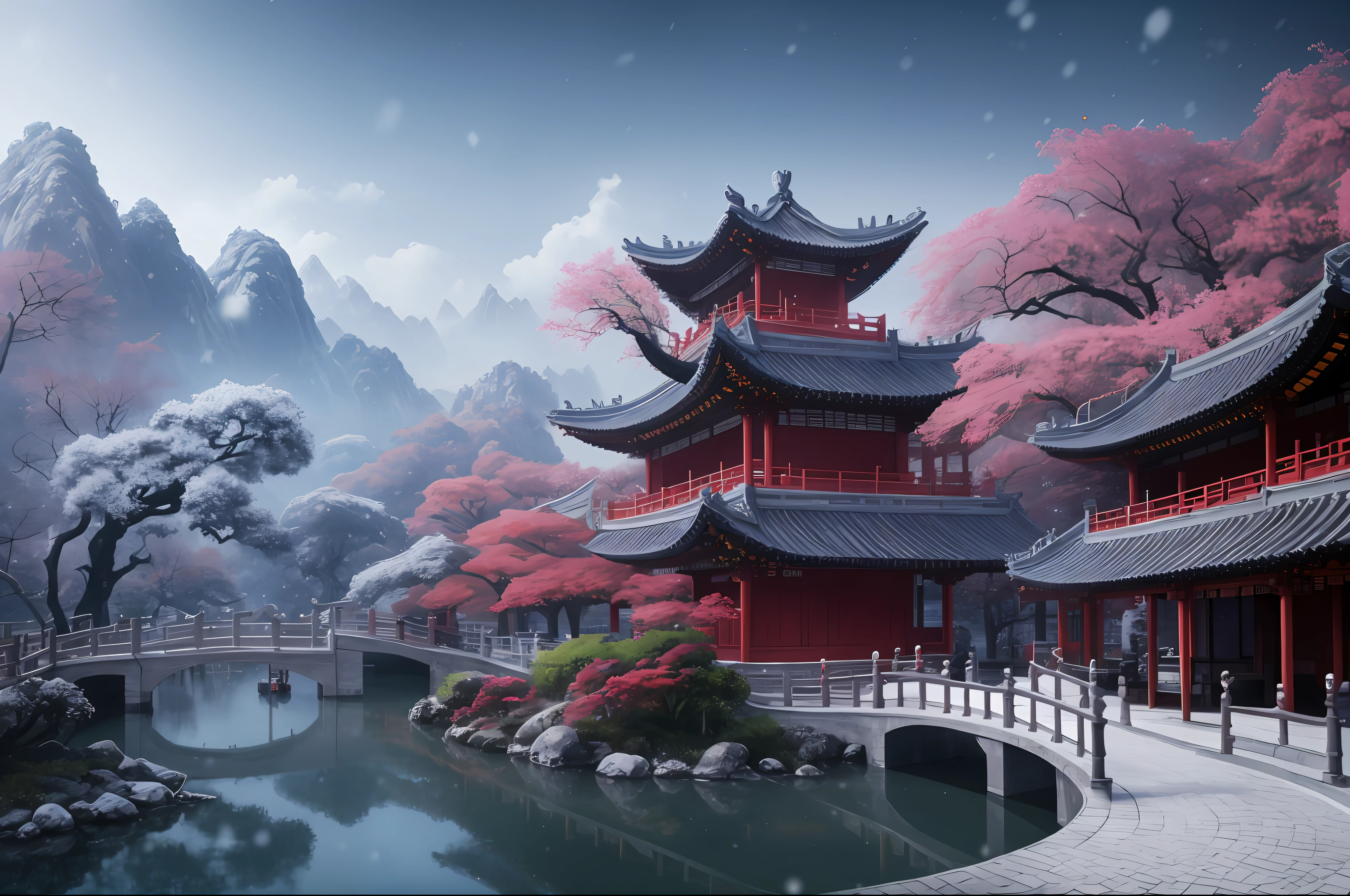 Masterpiece, best quality, high quality, extremely detailed CG unity 8k wallpaper, classical Chinese garden, landscape, amsterdam, winter, ((snowing)), outdoor, sky, daytime, landscape, water, tree, blue sky, waterfall , nature, lake, river, cloudy sky, award winning photography, bokeh, depth of field, HDR, bloom, chromatic aberration, photorealism, very detailed, trending on artstation, trending on CGsociety, intricate, high detail, dramatic, midjourney art
