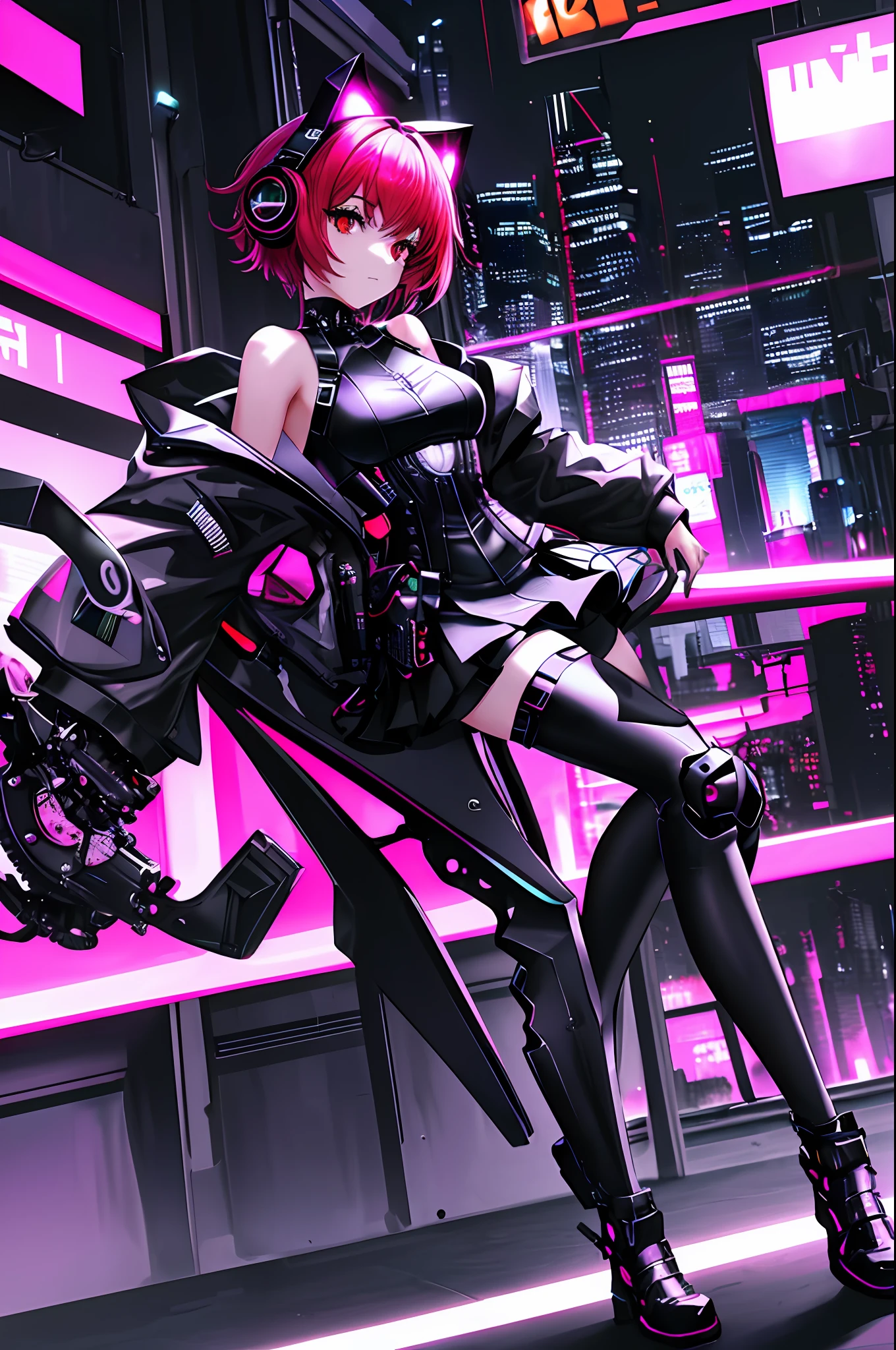 Absurdity, intricate details, highly detailed 8K wallpaper, (transcendent beautiful girl: 1.5), break, scarlet hair, short hair, (turn around), (beautiful bare back), (beautiful bare back), (beautiful bare shoulders), (exoskeleton mini dress), (red eye: 1.1), break, (mechanical joints, mechanical limbs: 1.4), perfect five fingers, cat-eared headphones, (black miniskirt), cyberpunk, dynamic angle, neon glowing city, straddling a motorcycle,