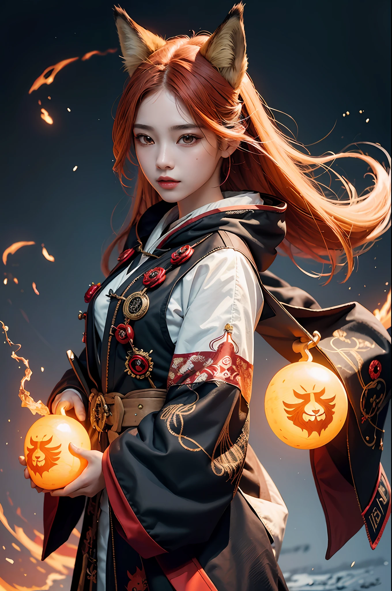1girl, solo, official art, unified 8k wallpaper, super detailed, beauty and aesthetics, beauty, masterpiece, best quality, kitsune witch, fox mask, haori jacket, foxfire spell, fox familiarity, transformation, depth of field, full body map