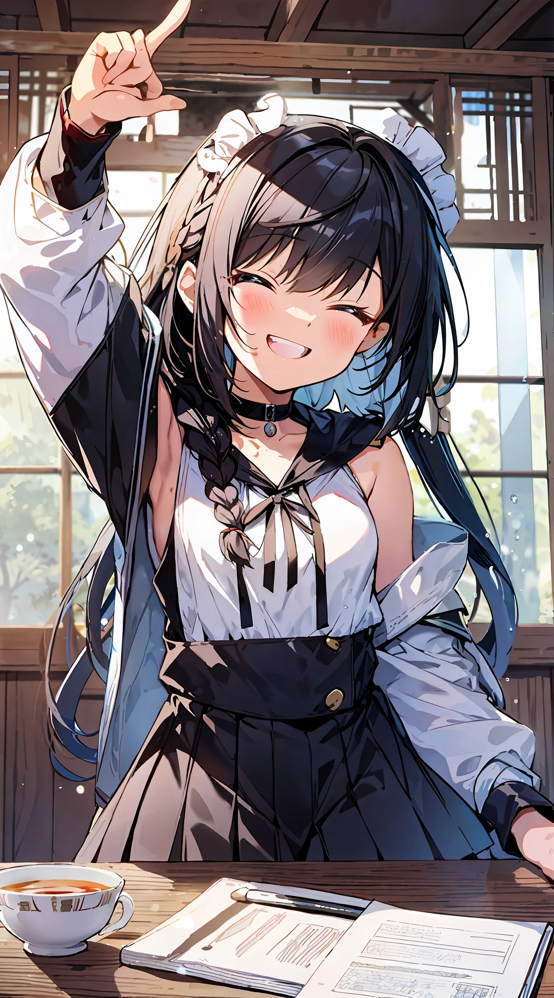 Anime girl pointing to something with semi-long black hair, anime moe art style, Kantai collection style, from Arc Knights, little curvy loli, cute girl anime visual, [[[grinning evil]]]], joyful smile, from the front line of girls, anime girl in maid costume, splash art anime loli