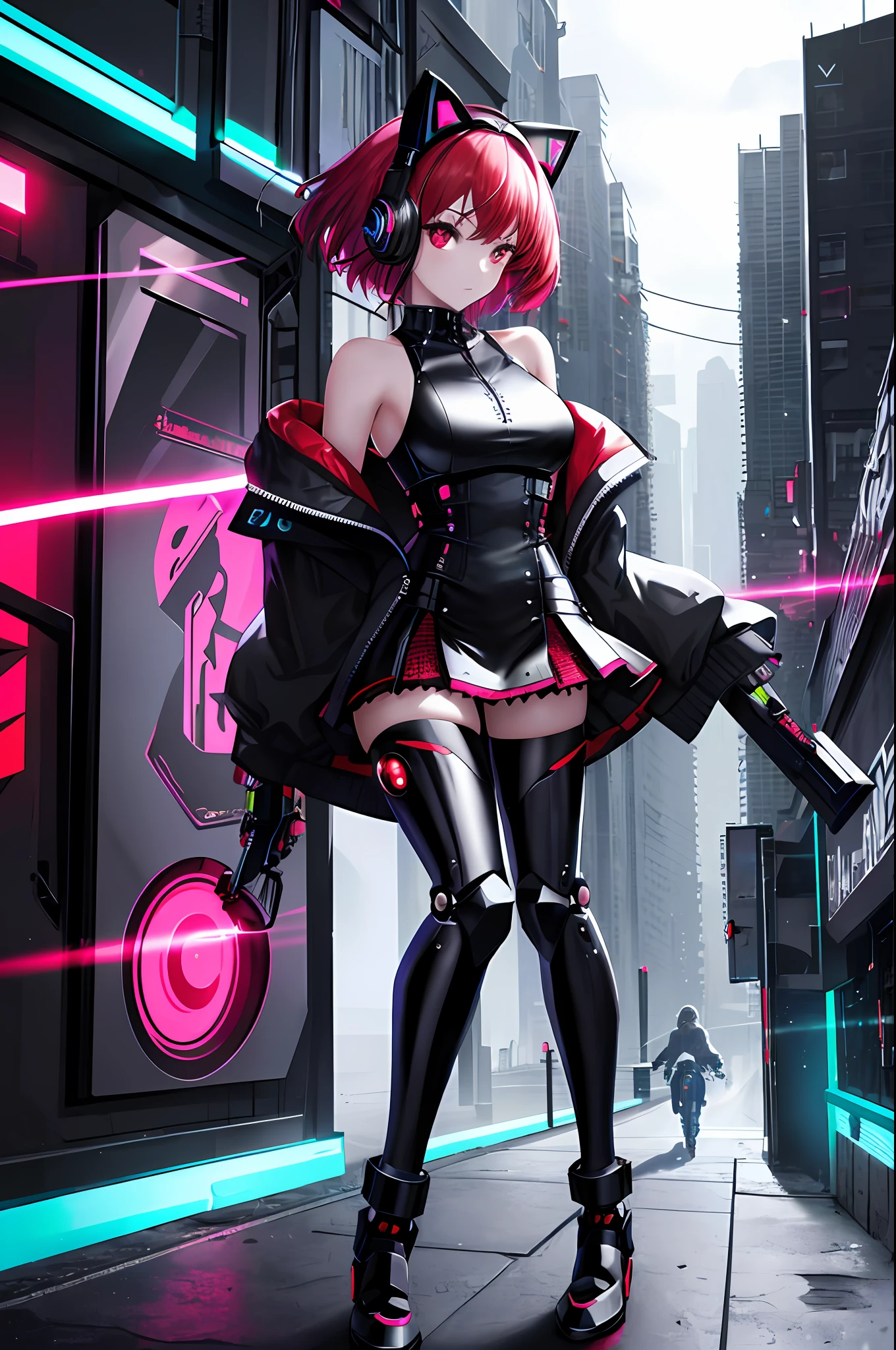 Absurdity, intricate details, highly detailed 8K wallpaper, (transcendent beautiful girl: 1.5), break, scarlet hair, short hair, (turn around), (beautiful bare back), (beautiful bare back), (beautiful bare shoulders), (exoskeleton mini dress), (red eye: 1.1), break, (mechanical joints, mechanical limbs: 1.4), perfect five fingers, cat-eared headphones, (black miniskirt), cyberpunk, dynamic angle, neon glowing city, straddling a motorcycle,