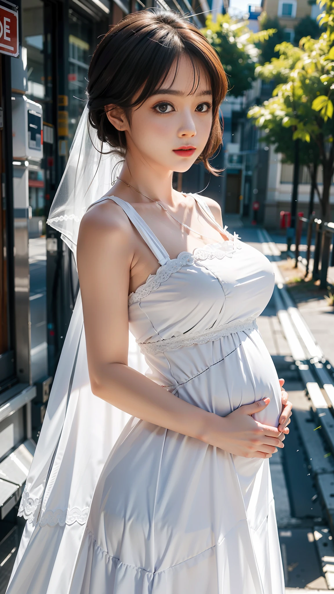 1girl, (looking at the audience), (bokeh: 1.1), split lips, innocent, realistic, arm on belly, maid outfit, pregnant, pregnant potbelly, nine  pregnant,
Best quality, (realistic: 1.4), super high resolution, wedding dress, big breasts, low cut, E cup, strangle, low cut