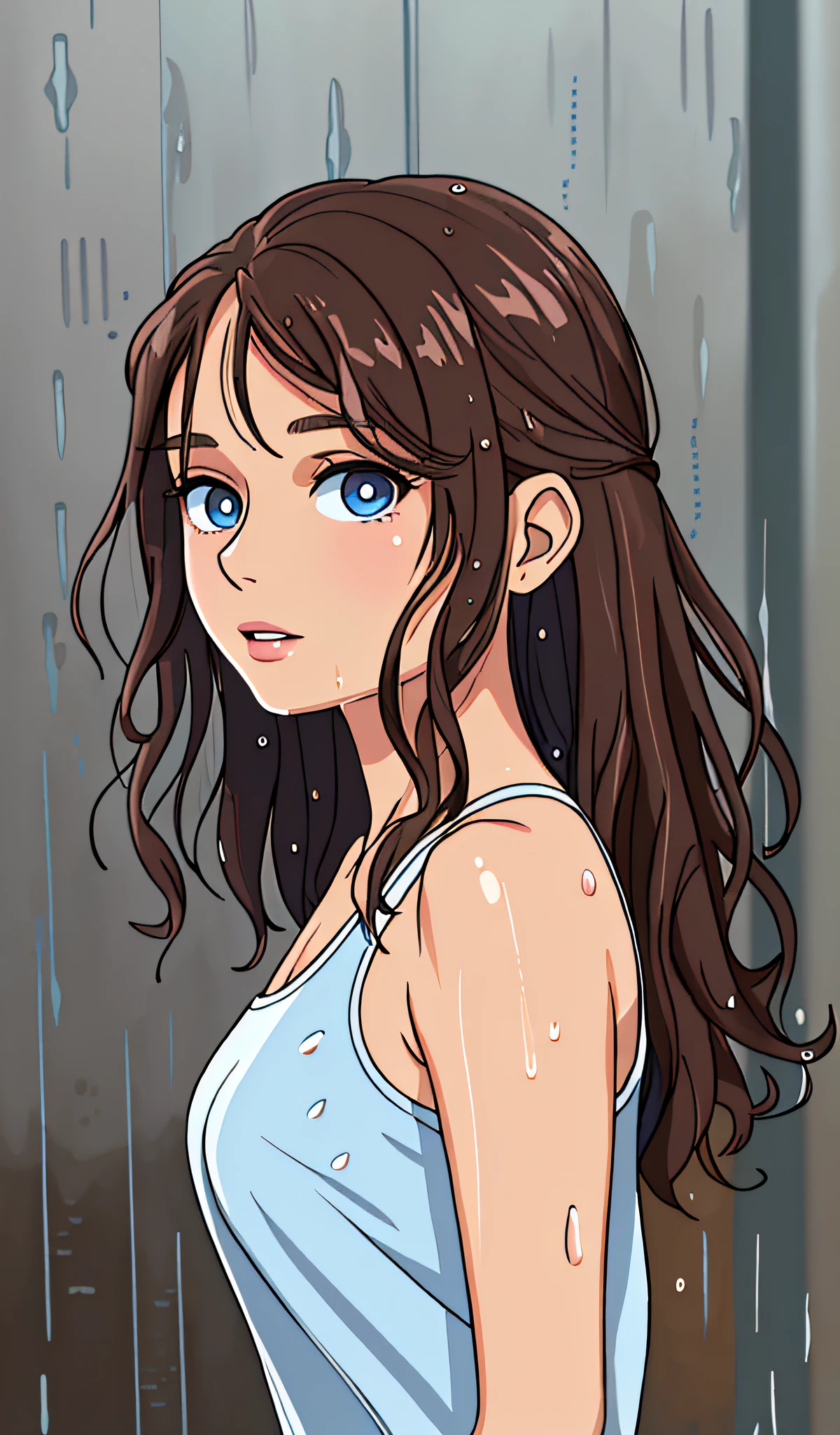 (Best Quality, 4k, Masterpiece: 1.3), pretty woman, 1girl, :1.1, dark brown hair: 1.1, (wet by rain, wet by rain, wet body:1.2), white tank tops, ultra-detailed face, detailed lips, detailed eyes, double eyelids