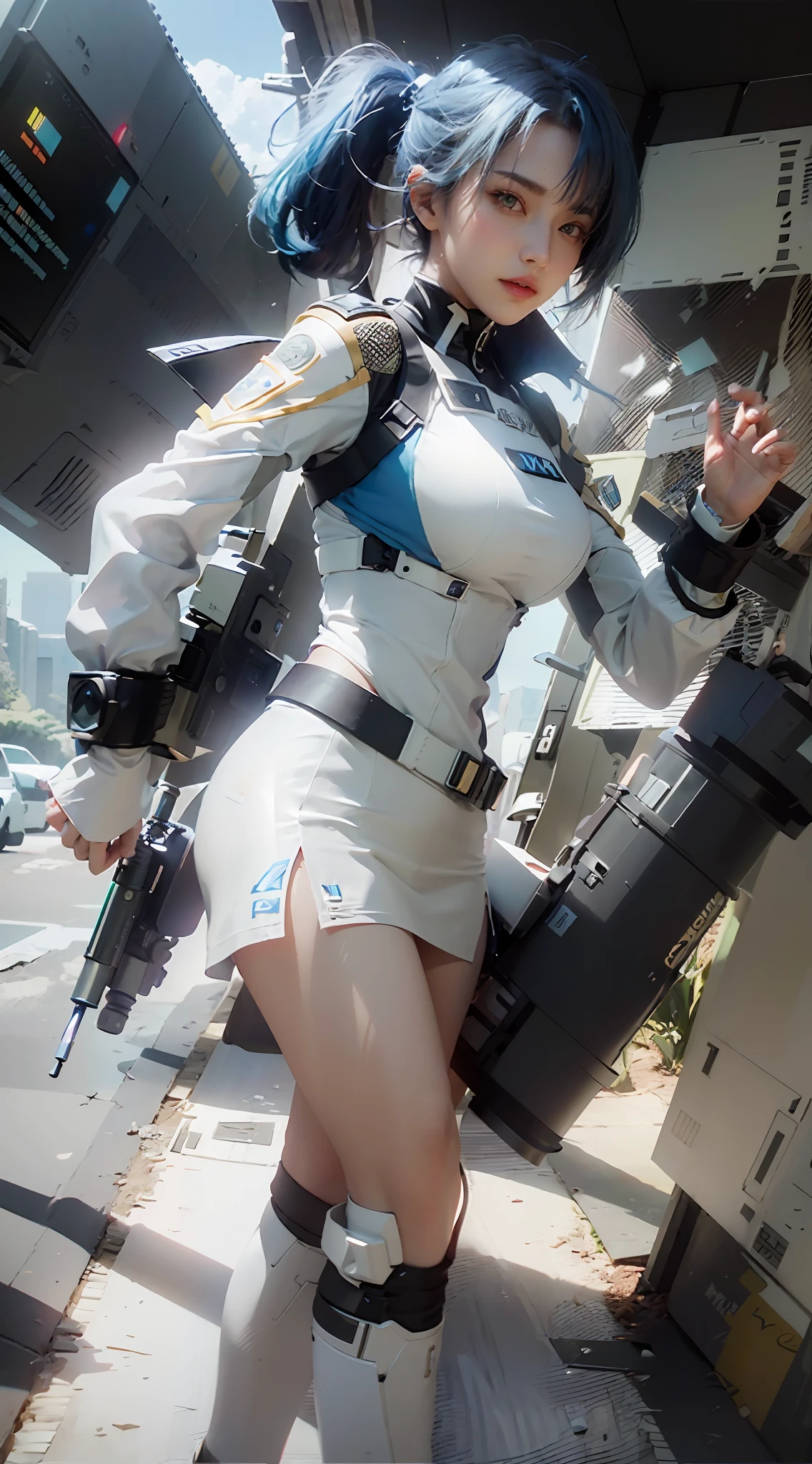 ((Best Quality)), ((Masterpiece)), (Details: 1.4), 3D, A Beautiful Futuristic Tech Beauty, (Police Uniform: 1.9), (Short Blue Hair: 1.7), (High Heels: 1.6) (Handheld Pistol: 1.5), HDR (High Dynamic Range), Ray Tracing, NVIDIA RTX, Super-Resolution, Unreal 5, Subsurface Scattering, PBR Texture, Post Processing, Anisotropic Filtering, Depth of Field, Maximum Clarity and Clarity, Multi-layer Textures, Albedo and Specular Mapping, Surface Coloring, Accurate Simulation of Light-Material Interactions, Perfect Proportions, Octane Render, Bicolor Light, Large Aperture, Low ISO, White Balance, Rule of Thirds, 8K RAW,