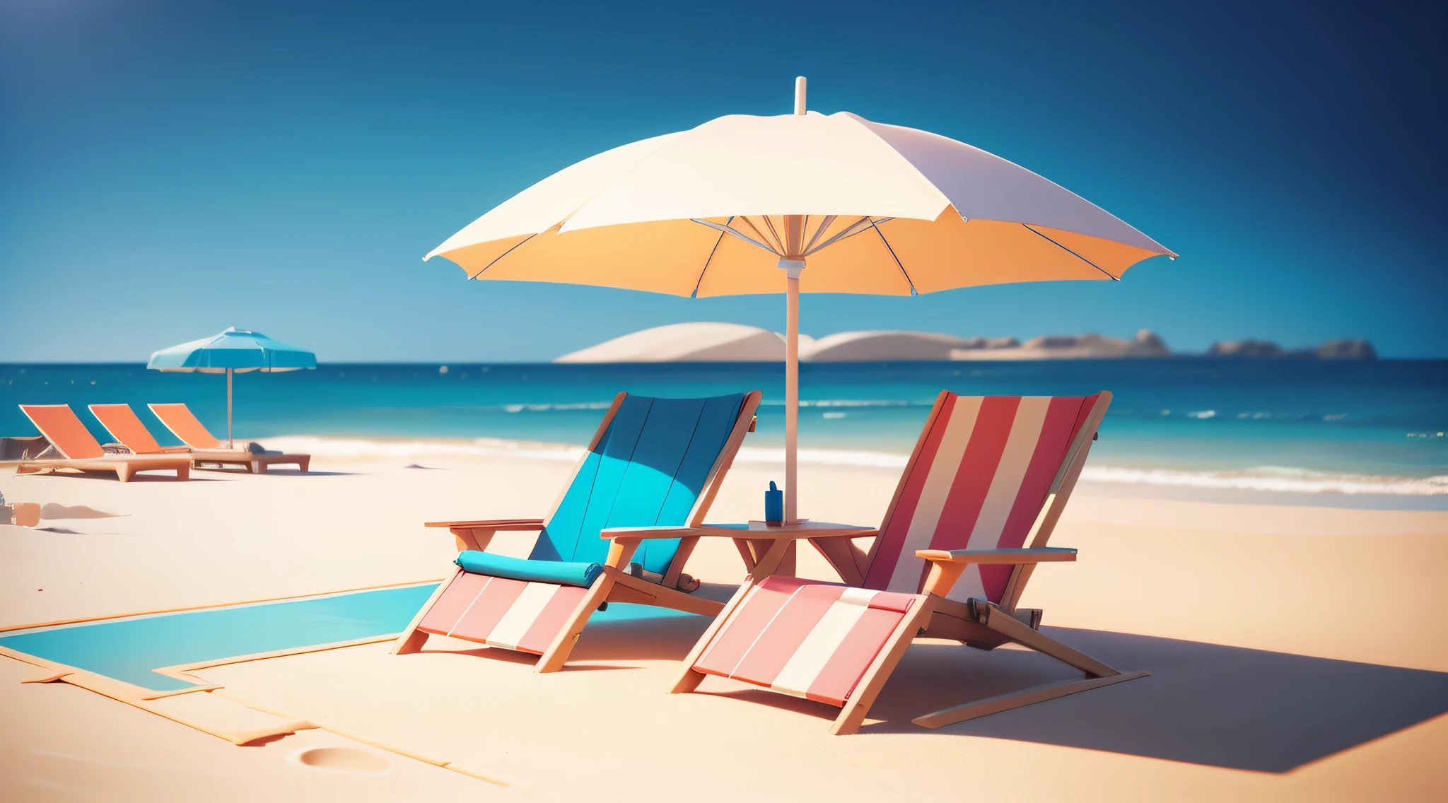 beach chair, umbrella, sand, pool, summer, a low poly render, trending, digital art, 3 d render stylized, 3 d illustration, 3d illustration, 3 d stylize scene, beach setting medium shot, beach setting, stylized 3d render, relaxing concept art, 3 d scene, 3d scene, one main colour only