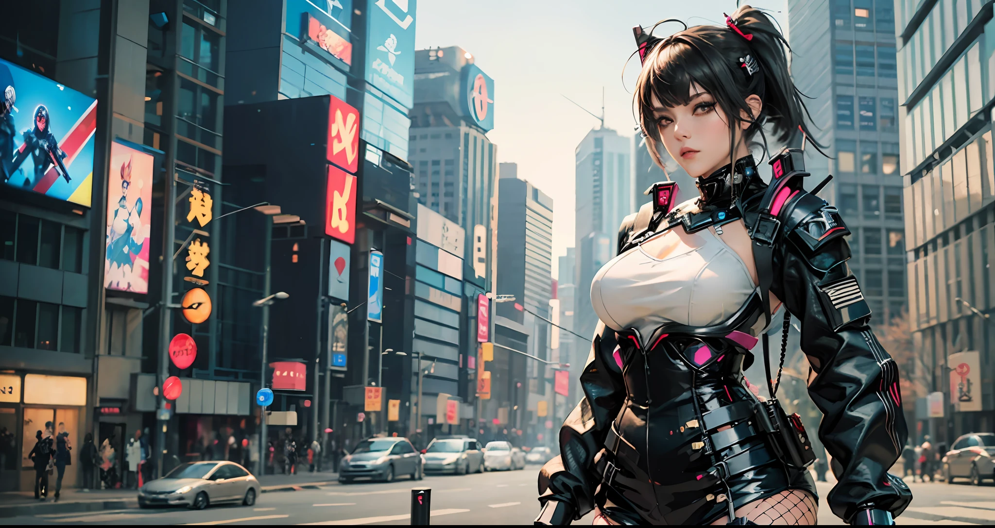 there is a woman with small breasts and massive hips in a corset and a black and white outfit, with Fishnet on breasts, humble outfit, wearing techwear and armor, cyberpunk outfit, wearing japanese techwear, intriguing outfit, all black cyberpunk clothes, cyberpunk style outfit, female cyberpunk anime girl, cyberpunk streetwear, cyberpunk dress, anime girl cosplay, photograph of a techwear woman, cyberpunk anime girl, wearing cyberpunk streetwear, maid outfit