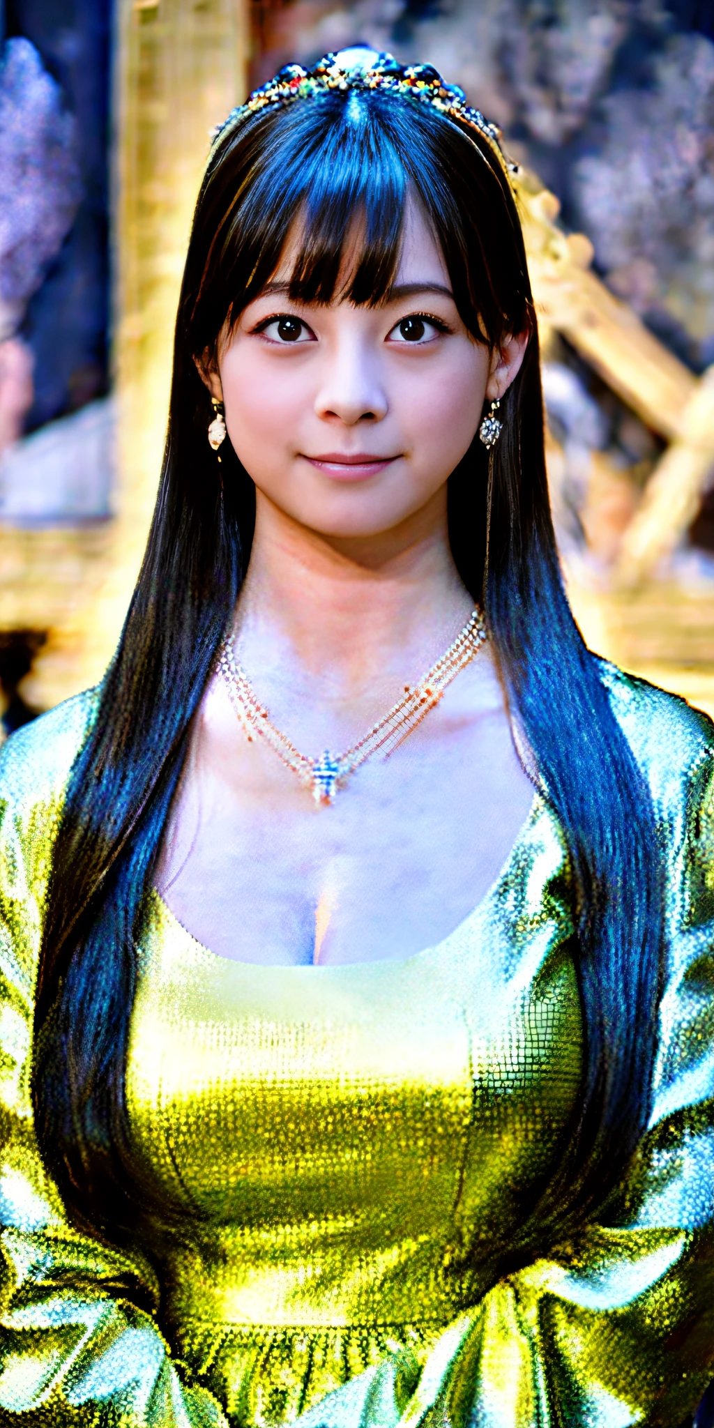 Best quality, masterpiece, high resolution, 1girl, (clear silk porcelain dress),Bewitching fine clothes, beautiful face, slender face, hair accessories, (looking at the audience), smiling, close your mouth, lips, dress, hair accessories, necklaces, jewelry, long hair, earrings, upper half of body, ((huge breasts, cleavage)), Tindal effect, realism, dark studio, edge lighting, two-tone lighting, (high detail skin: 1.2), 8k UHD, DSLR, soft light, high quality, volumetric lighting, photo, high resolution 4K, 8k, blurred background