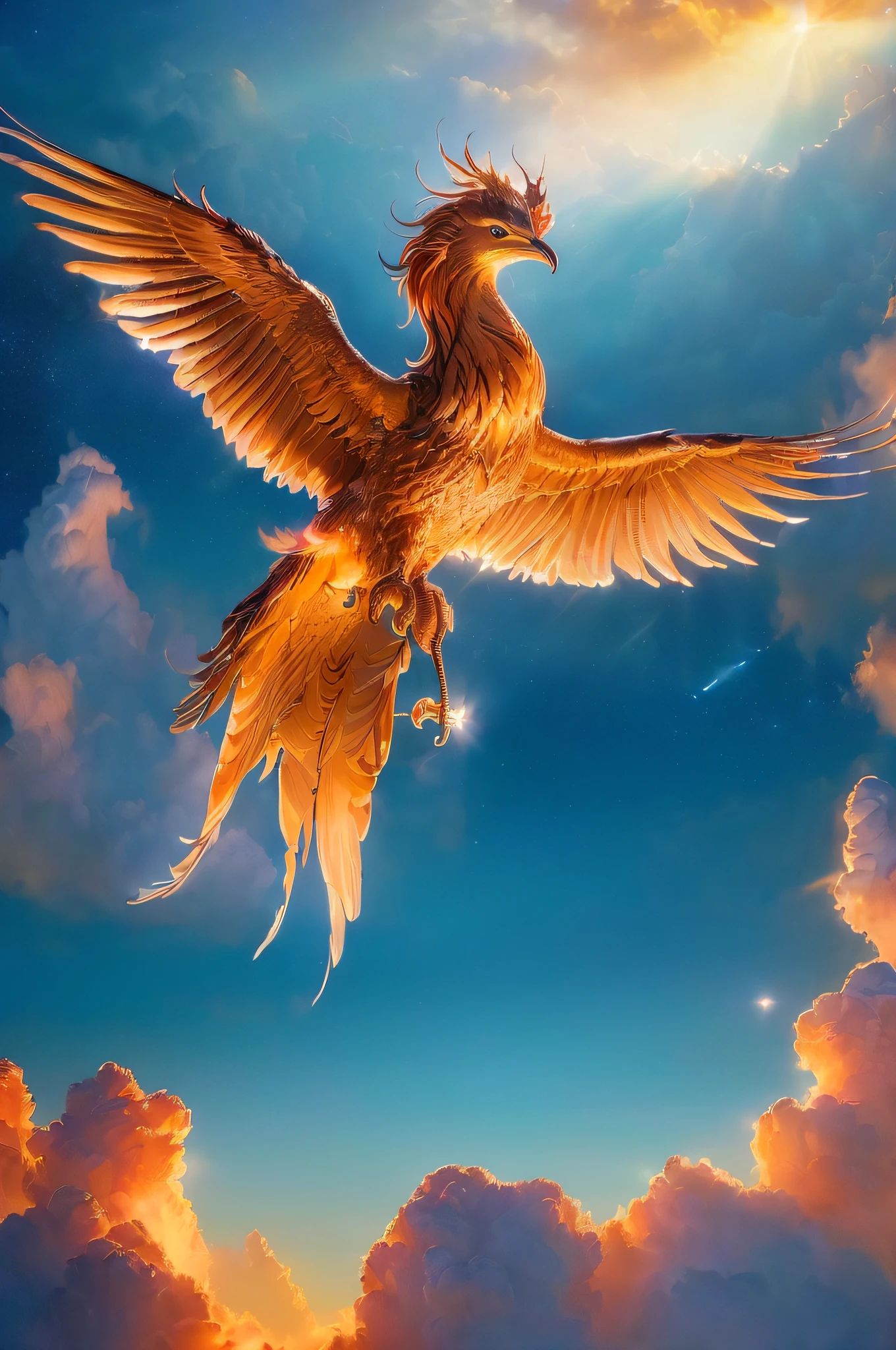 (((Excellent)), ((Masterpiece)), (detailed), Phoenix, Perched in the Clouds, (Real photo: 1.3), Expressionless, anthropomorphic expression, delicate wings, Nine tails, full body golden light, otherworldly charm, Mysterious sky, realistic details, real world, moonlit night, pastel colors, (detailed cloud view: 1.3), (high resolution: 1.2)