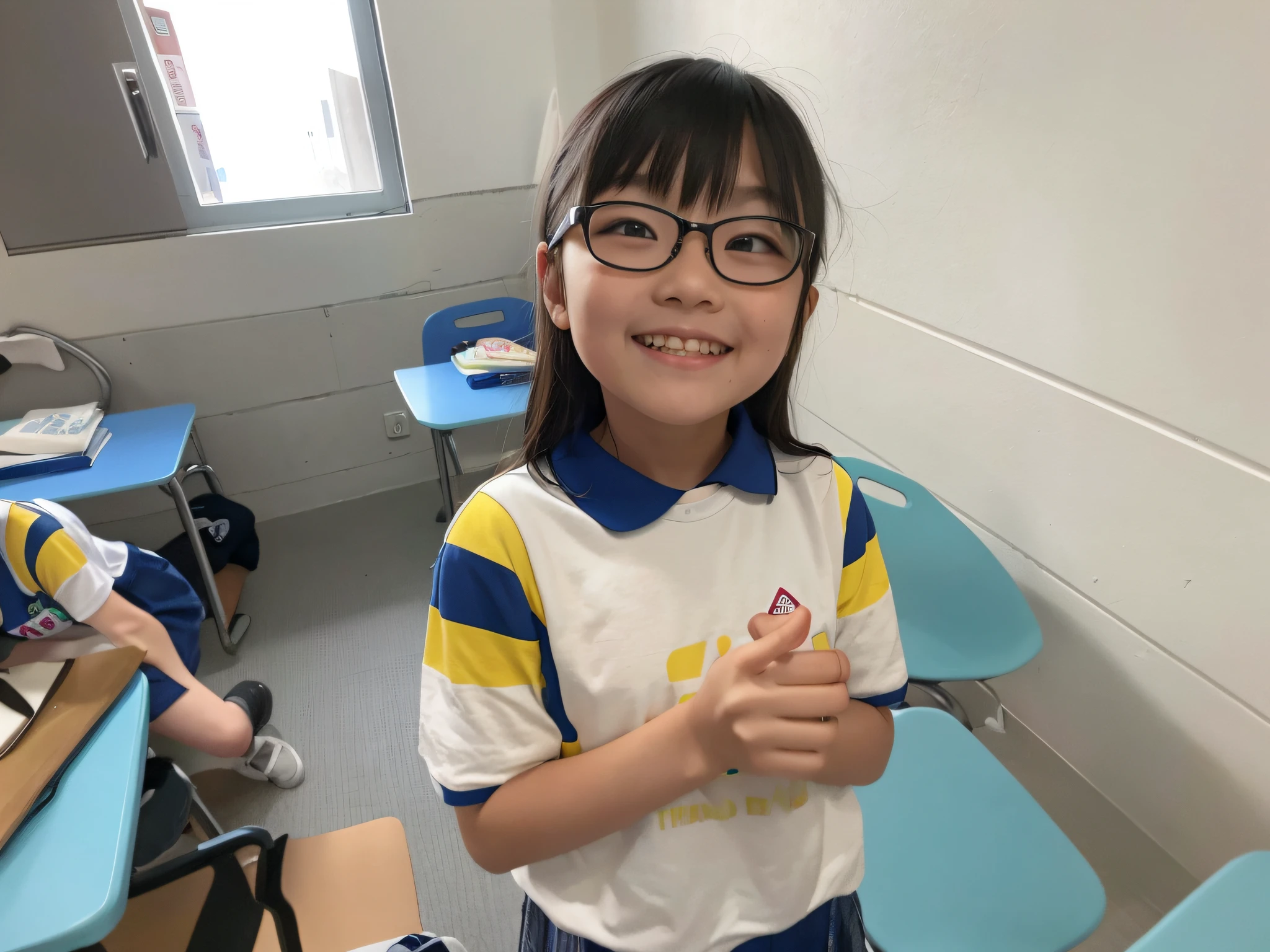 there is a young girl standing in a room with a table and chairs, kid, she is smiling and excited, taken with sony alpha 9, girl wearing round glasses, standing in class, young asian girl, she is smiling and happy, girl with glasses, girl wearing uniform, photo of the girl, student, chinese girl, wenfei ye, cleft chin
