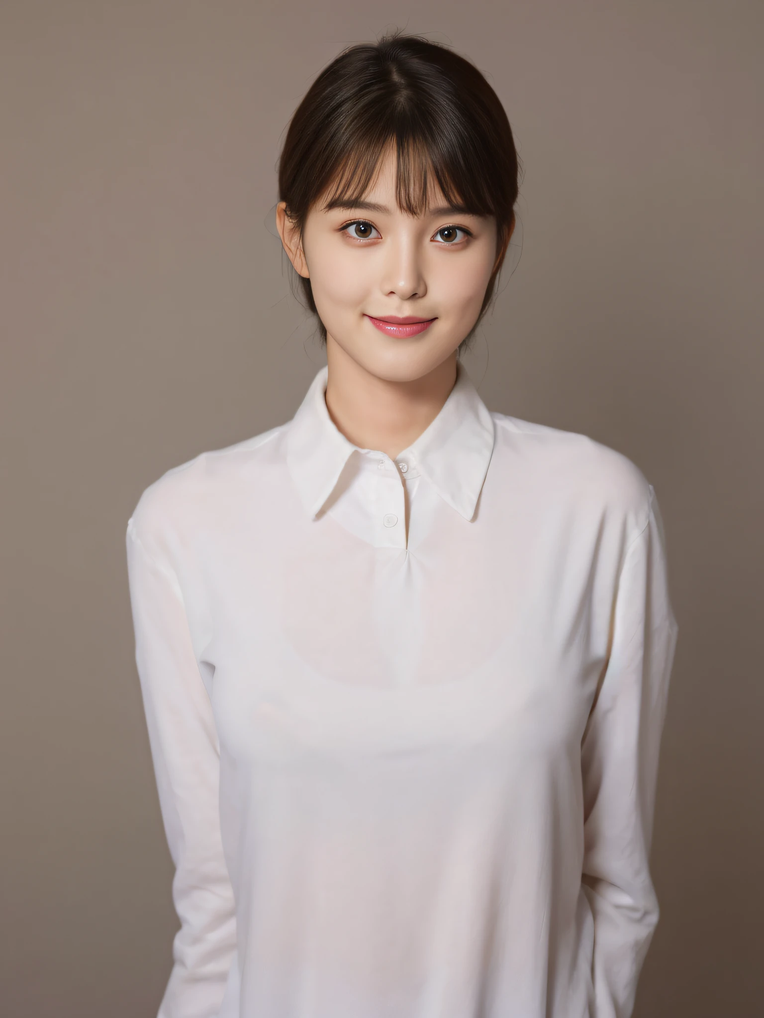 Bright smile, ( (8K:1.27), Top Quality, Masterpiece, Ultra High Resolution: 1.2), (Portrait: 0.6), Gorgeous, ((White Shirt, Big Tits: 3)),