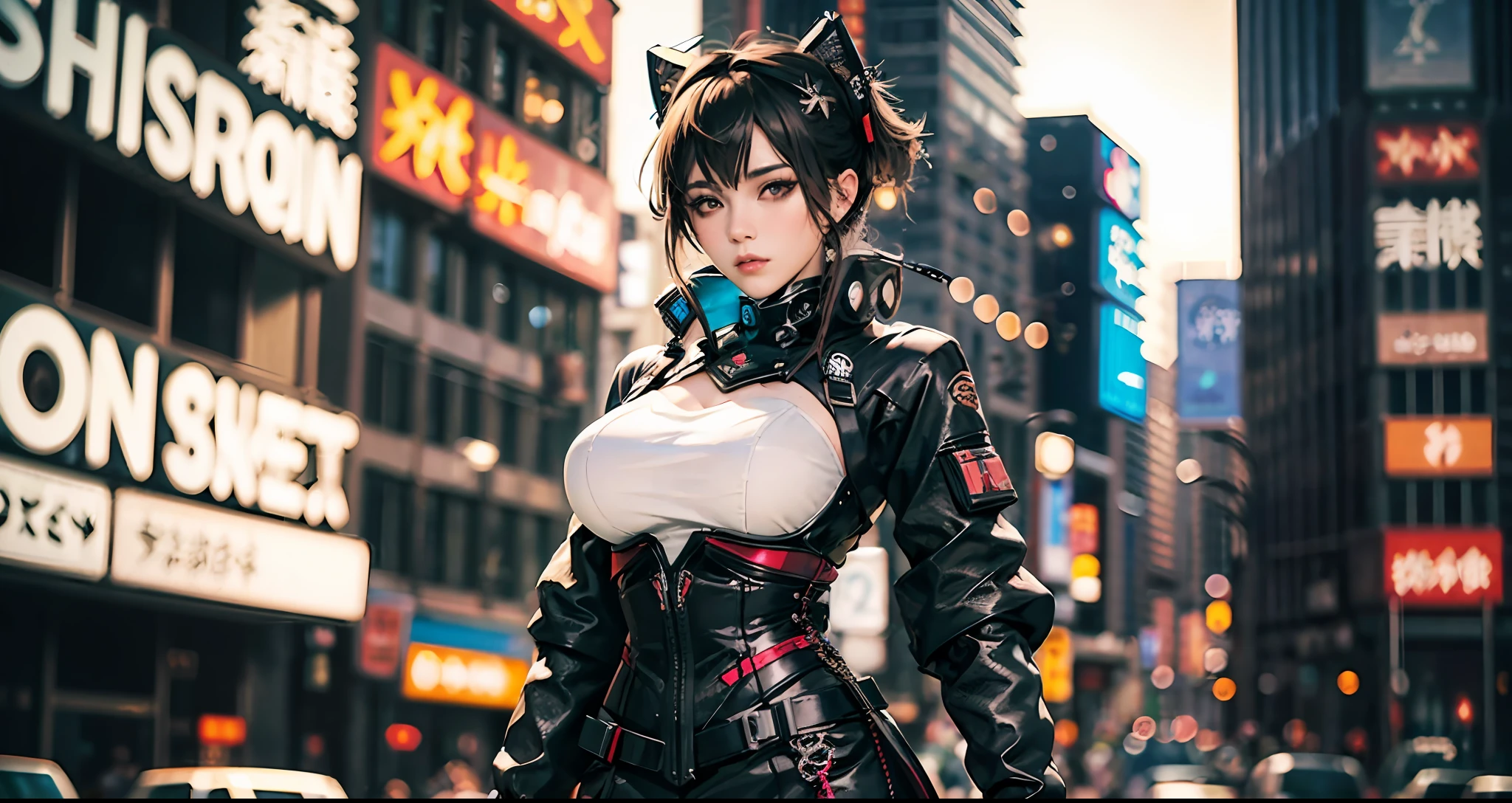 there is a woman with small breasts and massive hips in a corset and a black and white outfit, with Fishnet on breasts, humble outfit, wearing techwear and armor, cyberpunk outfit, wearing japanese techwear, intriguing outfit, all black cyberpunk clothes, cyberpunk style outfit, female cyberpunk anime girl, cyberpunk streetwear, cyberpunk dress, anime girl cosplay, photograph of a techwear woman, cyberpunk anime girl, wearing cyberpunk streetwear, maid outfit