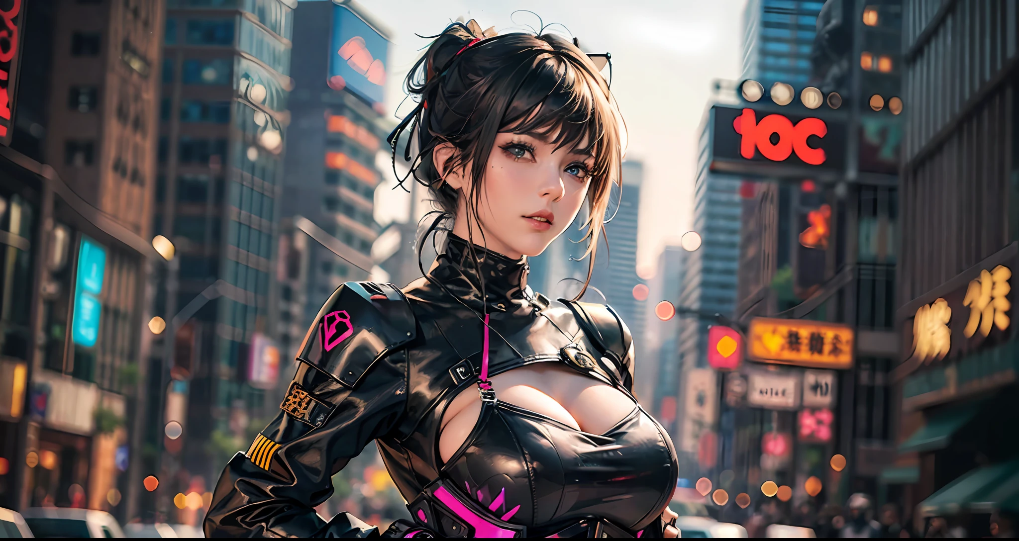 there is a woman with small breasts and massive hips in a corset and a black and white outfit, with Fishnet on breasts, humble outfit, wearing techwear and armor, cyberpunk outfit, wearing japanese techwear, intriguing outfit, all black cyberpunk clothes, cyberpunk style outfit, female cyberpunk anime girl, cyberpunk streetwear, cyberpunk dress, anime girl cosplay, photograph of a techwear woman, cyberpunk anime girl, wearing cyberpunk streetwear, maid outfit