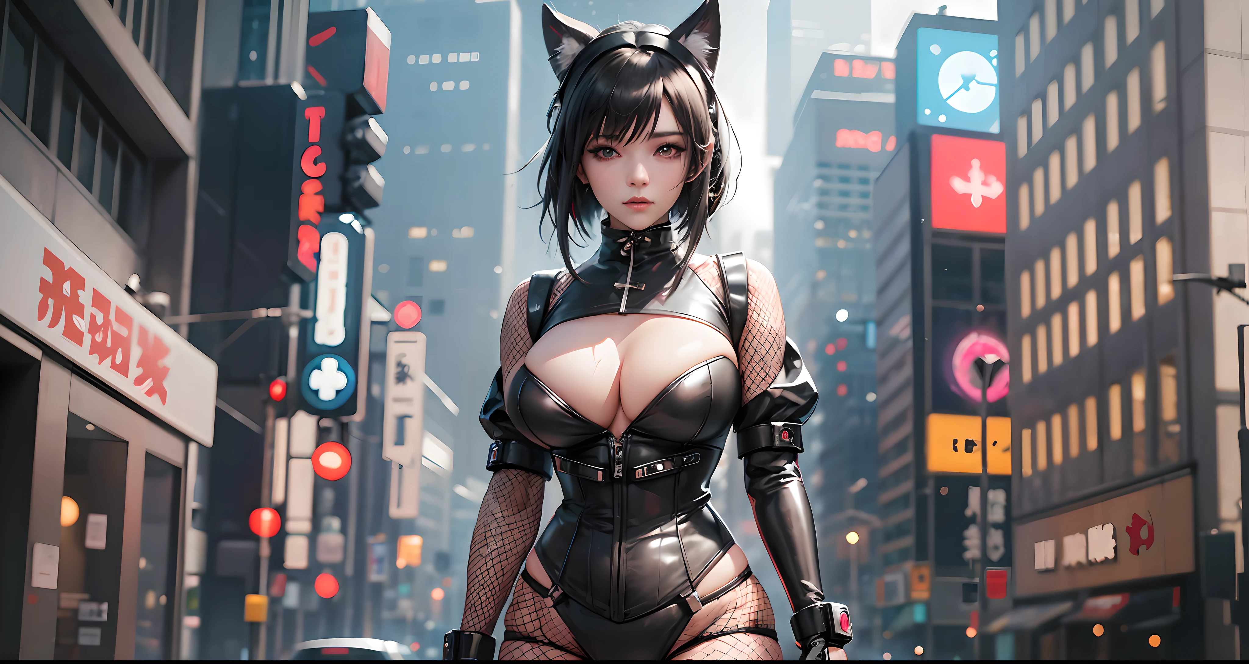 there is a woman with small breasts and massive hips in a corset and a black and white outfit, with Fishnet on breasts, humble outfit, wearing techwear and armor, cyberpunk outfit, wearing japanese techwear, intriguing outfit, all black cyberpunk clothes, cyberpunk style outfit, female cyberpunk anime girl, cyberpunk streetwear, cyberpunk dress, anime girl cosplay, photograph of a techwear woman, cyberpunk anime girl, wearing cyberpunk streetwear, maid outfit