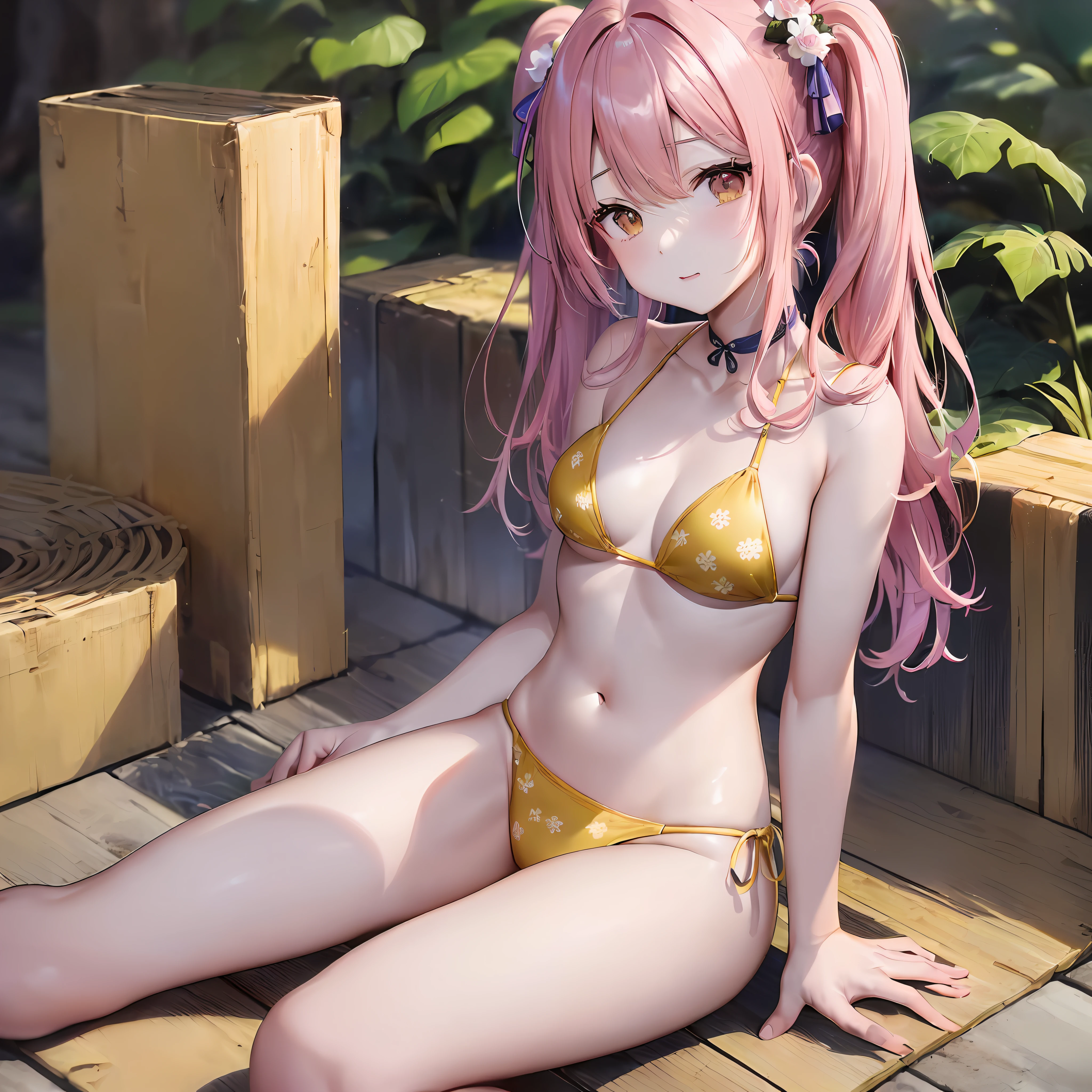杰作级别的,最高画质,小萝莉,,(yellow bikini:1.3),凉鞋,twintails,sitting on ground,beach,全身,((萌态十足,cute)),性感,蓝色长发,大胸部,超透视,,,,((textured skin, anatomically correct, masterpiece, UHD, ccurate, high details, super detail, high quality, best quality, highres, 1080P)),outdoors,(,皮肤光泽,皮肤质量,full body:1.6)(:1.3), (Loli), (Fairn, (Beautiful Girl: 1.5), (Skin Quality: 1.5), (Glossy Skin,glowing pupils,detailed eyes: 1.3), (Beautiful Girl), (Superb Body), medium Hair, (Straight Hair), ((pink Hair)), Hair with Beautiful Details,柔和光,