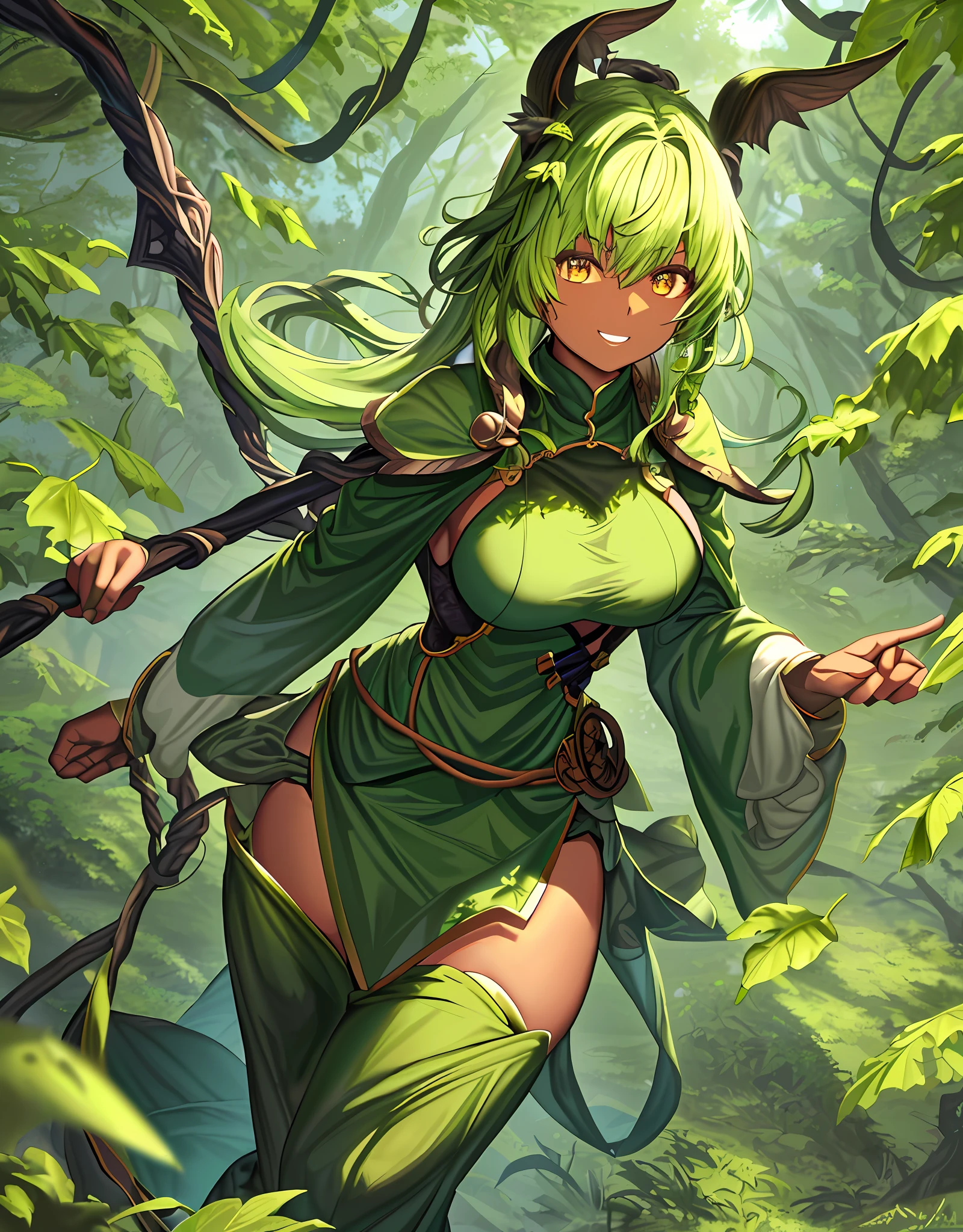 ファンタジー, 1forest_elemental_girl, 格闘, (using_leaves_clothes, green_leaves_covered_breasts, leaves_covered_pussy)+++,big_tits,dynamic_pose_standing, light_smile, 眠い, medium_hair, へそ,(dark_skin)+, オイル, (winding_vine_around_torso)++, (ふっくらと)+,森, trees_background, leaves_headgear, green_leaves_cape, hold_large_long_staff, large_thighs, large_ass,