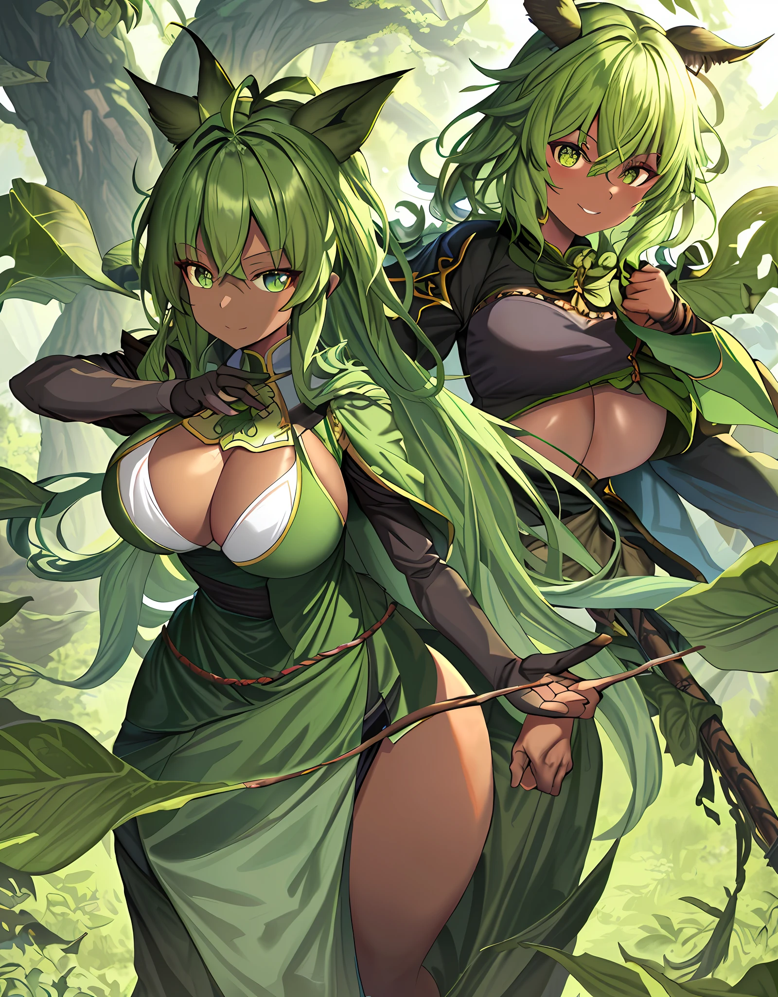 ファンタジー, 1forest_elemental_girl, 格闘, (using_leaves_clothes, green_leaves_covered_breasts, leaves_covered_pussy)+++,big_tits,dynamic_pose_standing, light_smile, 眠い, medium_hair, へそ,(dark_skin)+, オイル, (winding_vine_around_torso)++, (ふっくらと)+,森, trees_background, leaves_headgear, green_leaves_cape, hold_large_long_staff, large_thighs, large_ass,