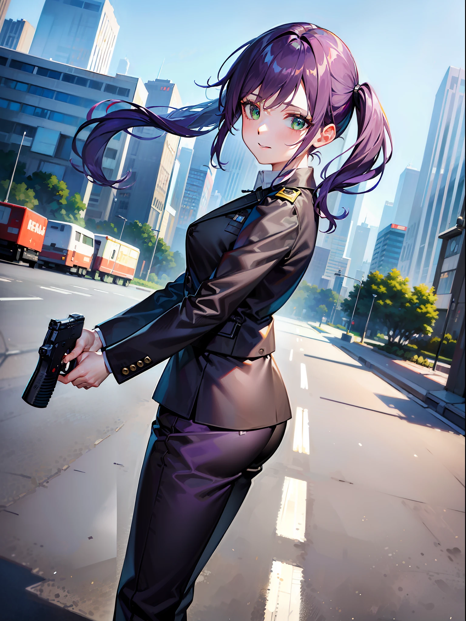 ((masterpiece)), ((best quality)), ((highres)), 1girl, solo, police officer, (matching pants, slacks), city backdrop, (holding and aiming pistol, detailed pistol, glock 22, trigger discipline), standing, medium hair, (purple hair, twintails), (green eyes),