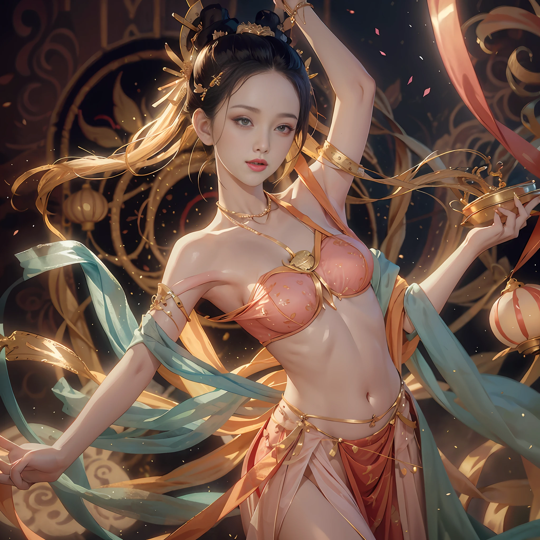 RAW Photo, Realistic, (Photo Real: 1.3), Best Quality, Masterpiece, Ultra Detail, Extreme Detail, 8k Wallpaper, Realistic Detail, Movie Lighting, Illustration, 1 Girl, upper_body, Dynamic Angle, World Mastery Theater, Best Quality, Extremely Delicate Beautiful Girl, Perfect Face, Delicate Facial Features, Delicate Hands, Delicate Eyelashes, Delicate Eyes, Supple Fair Skin, Sexy Collarbone, Double dance, dunhuang_dress, Holding lotus, bare shoulders, stunning beauty, belly, navel, amazing, sexy, peach blossom eyes, light makeup, smile, lens_flare, mural background, streamers, floating, lanterns,